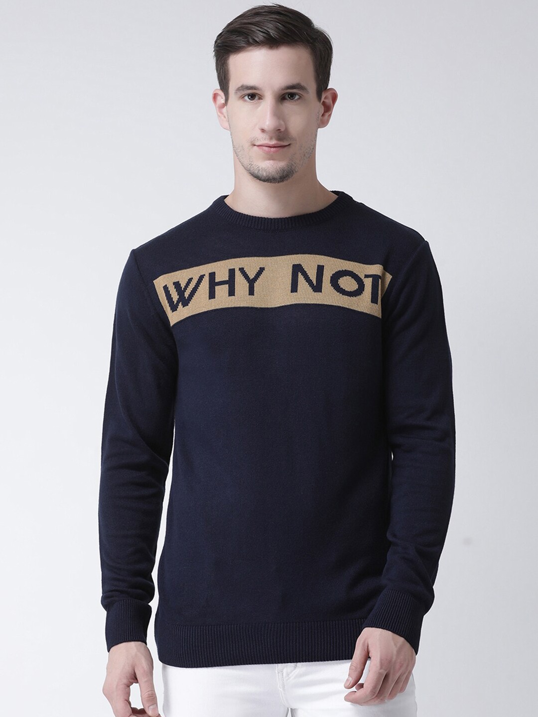 

Club York Men Navy Blue & Brown Typography Printed Pullover