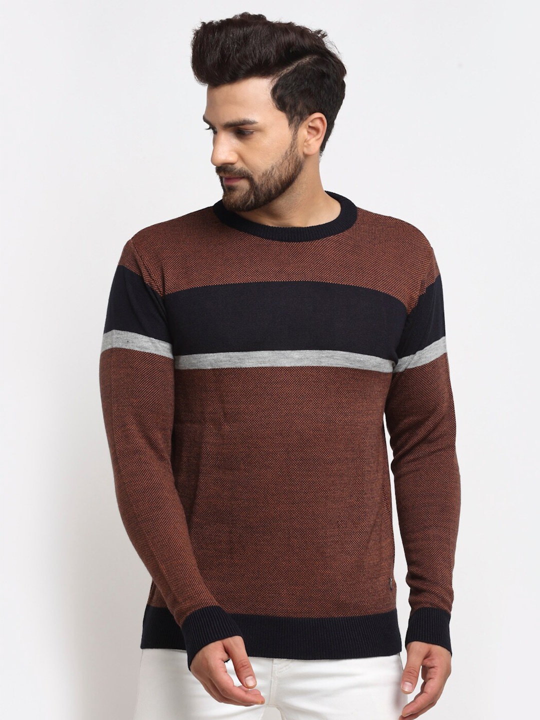 

Club York Men Brown & Black Striped Pullover