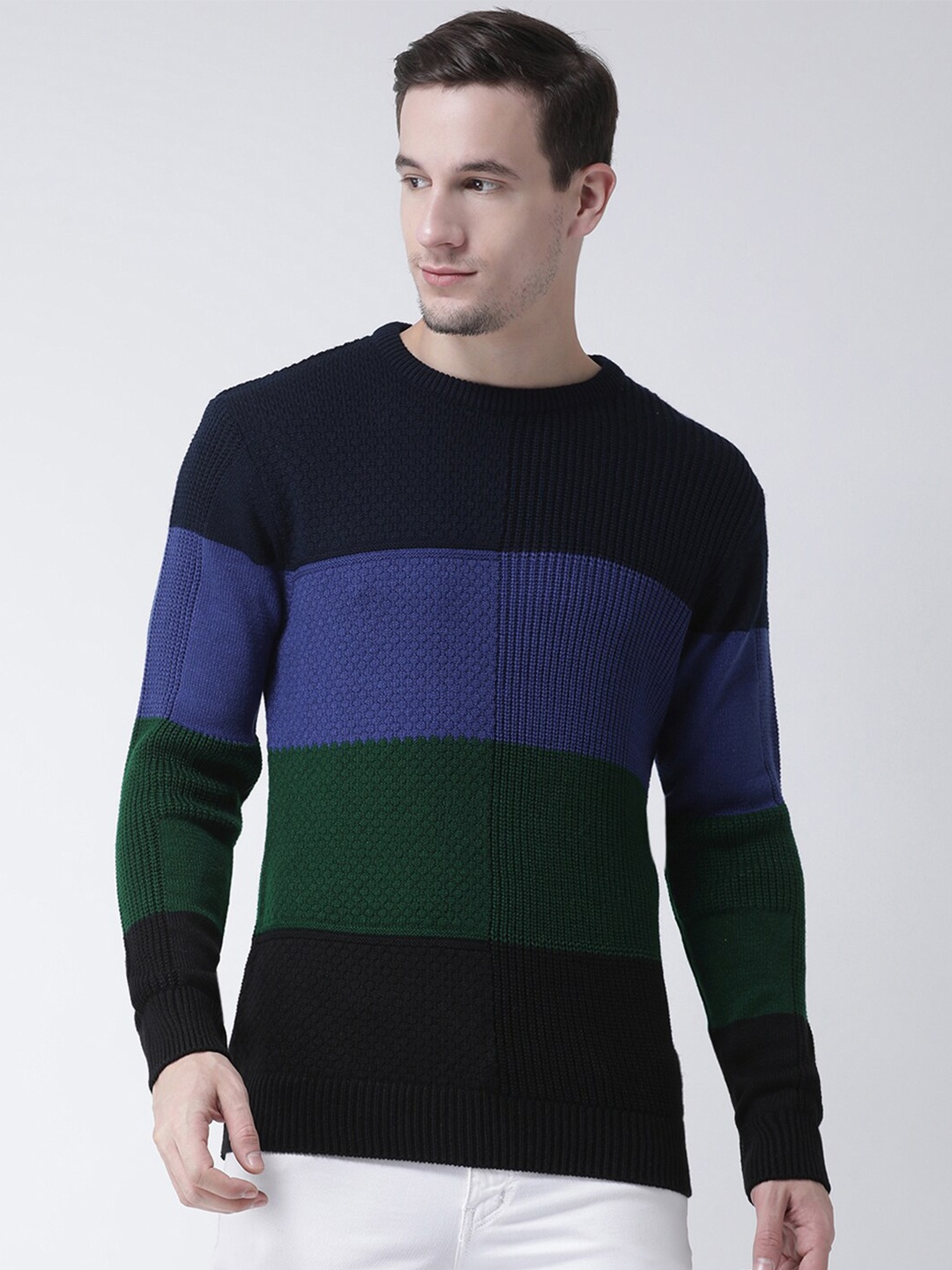 

Club York Men Navy Blue & Green Colourblocked Pullover