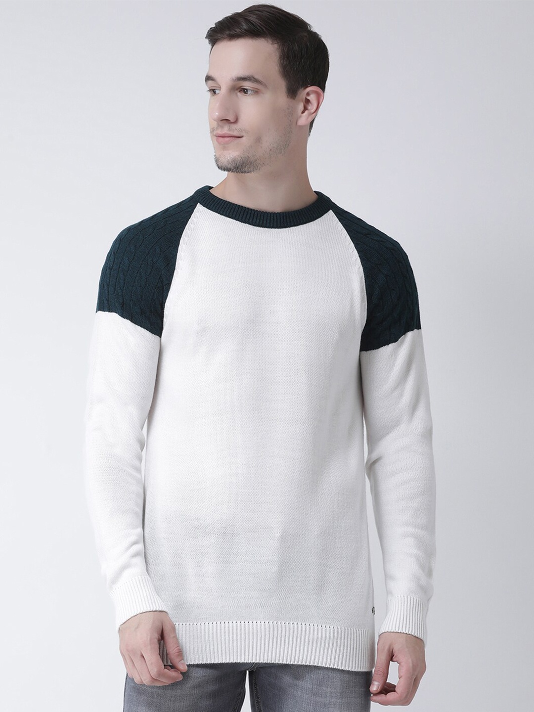 

Club York Men White & Green Colourblocked Pullover