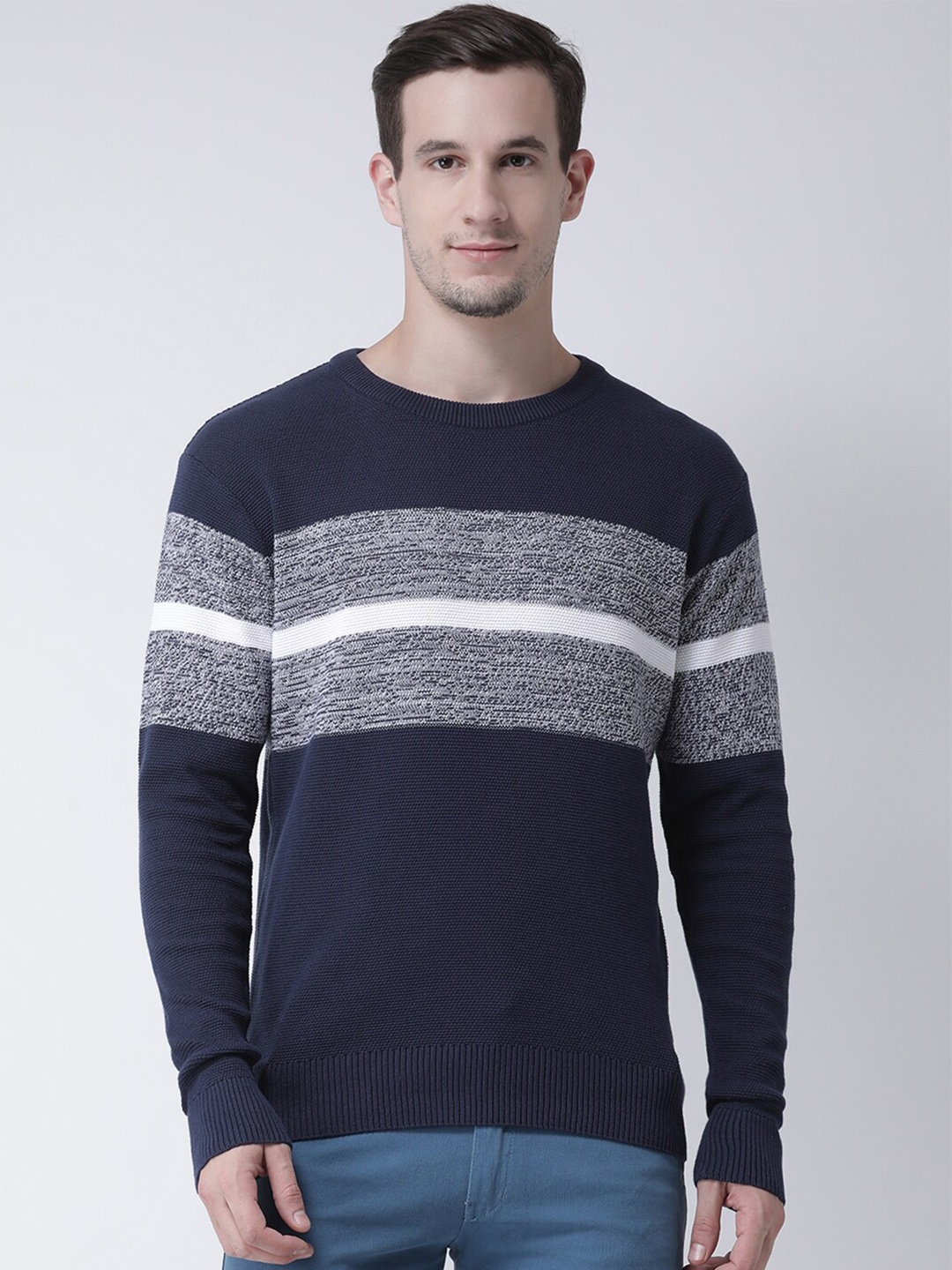 

Club York Men Navy Blue & Grey Colourblocked Pullover