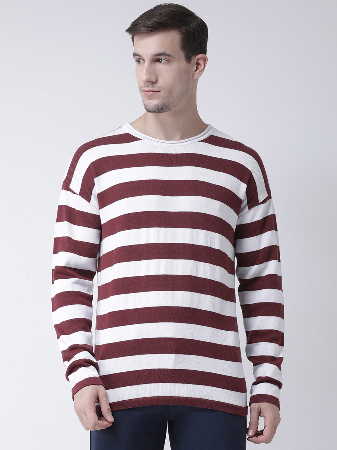 

Club York Men White & Maroon Striped Pullover