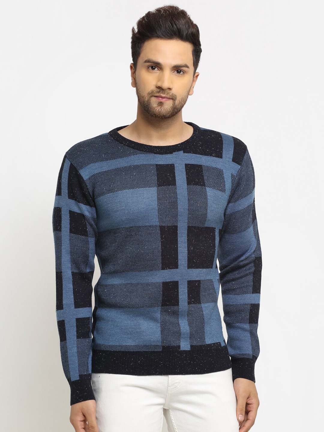 

Club York Men Navy Blue & Black Checked Pullover