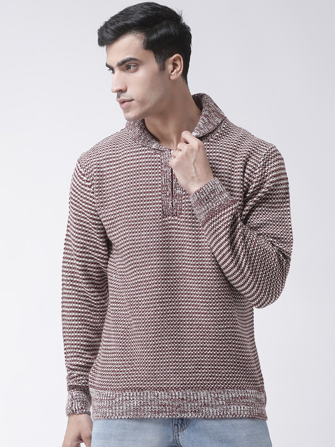 

Club York Men Maroon & Off White Ribbed Pullover