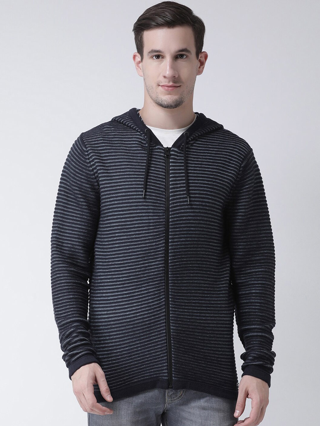 

Club York Men Navy Blue & Black Striped Cardigan