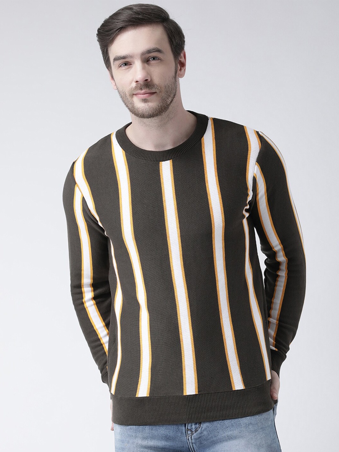 

Club York Men Olive Green & White Striped Pullover
