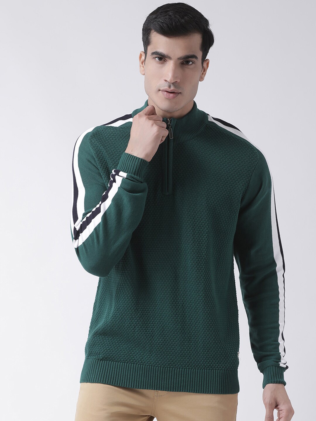 

Club York Men Green & White Cable Knit Pullover