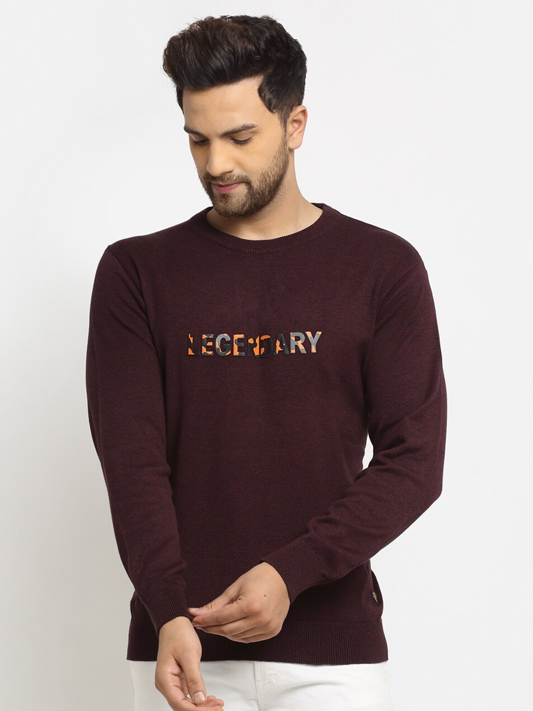

Club York Men Burgundy & Orange Typography Pullover