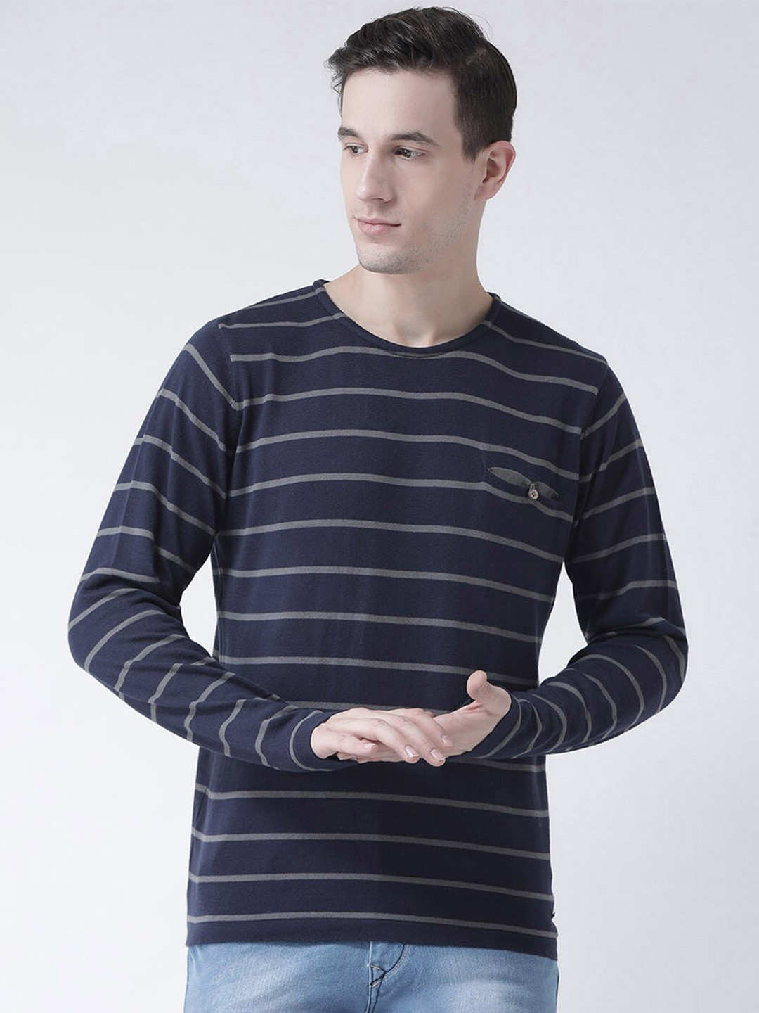 

Club York Men Navy Blue & Grey Striped Pullover