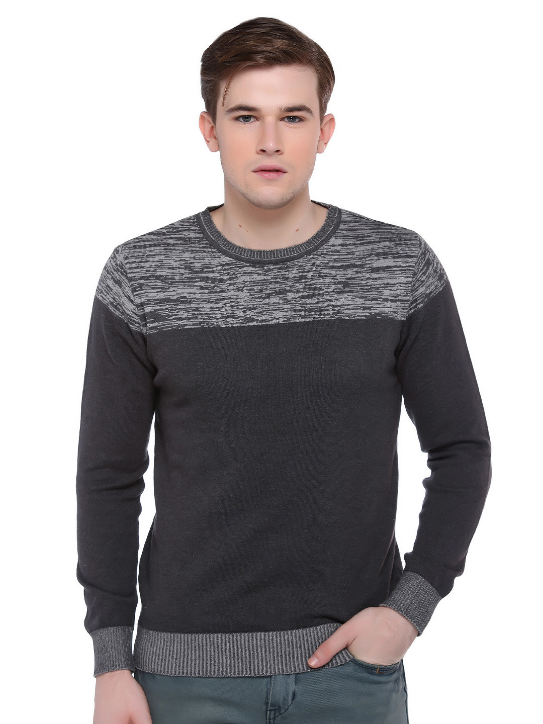 

Club York Men Charcoal Colourblocked Pullover