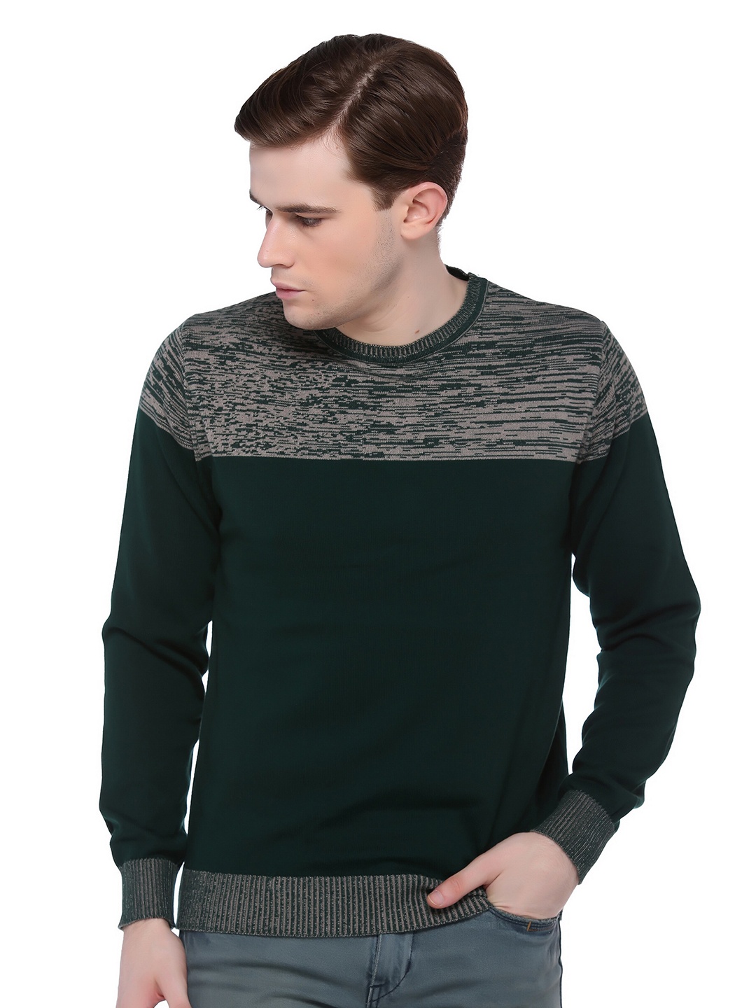 

Club York Men Green & Grey Self Design Pullover