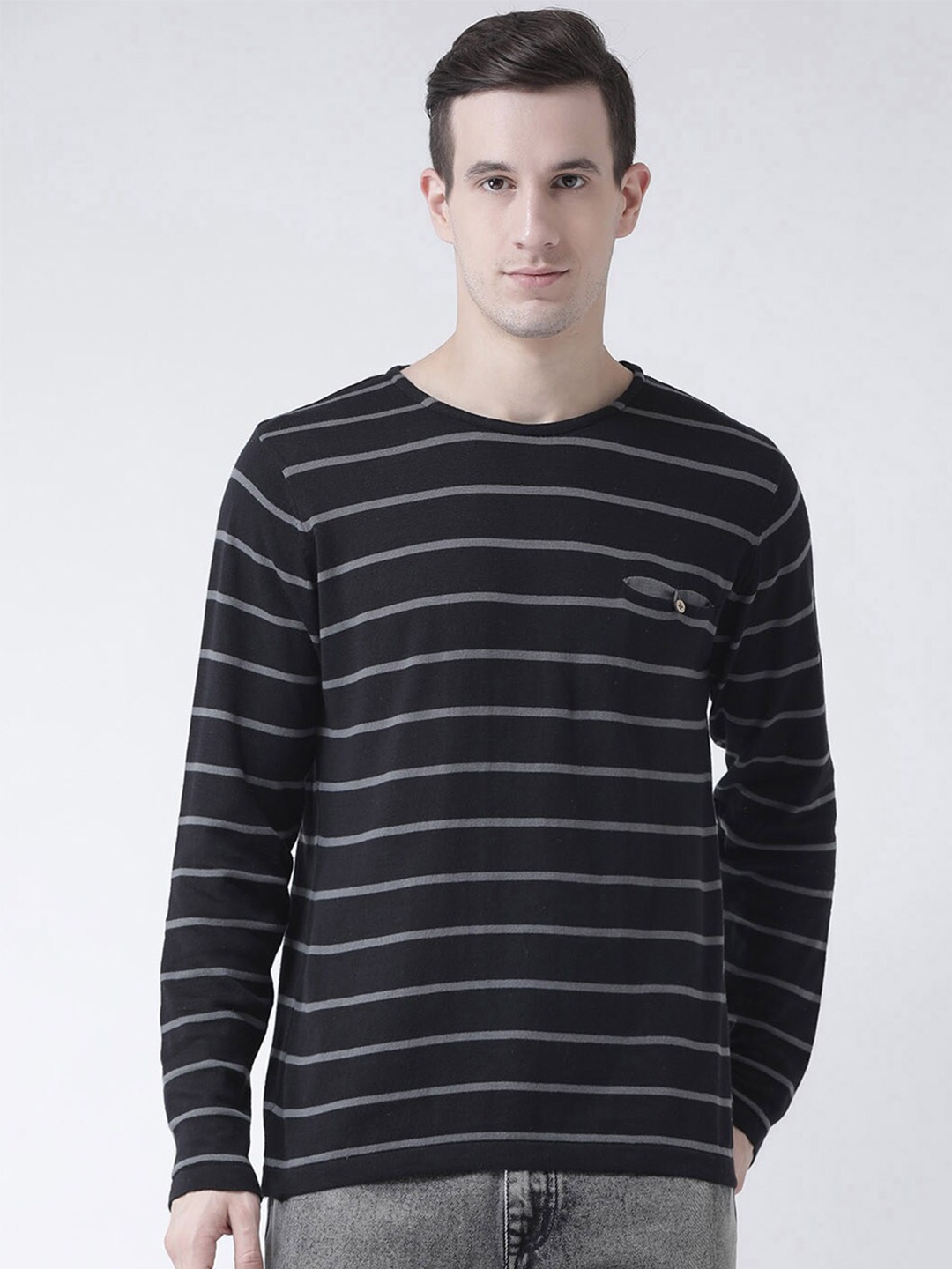 

Club York Men Black & Grey Striped Pullover