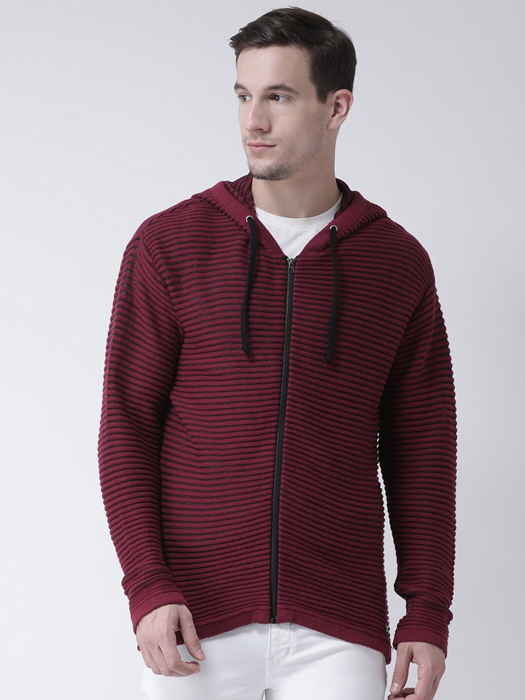 

Club York Men Maroon & Black Striped Cardigan