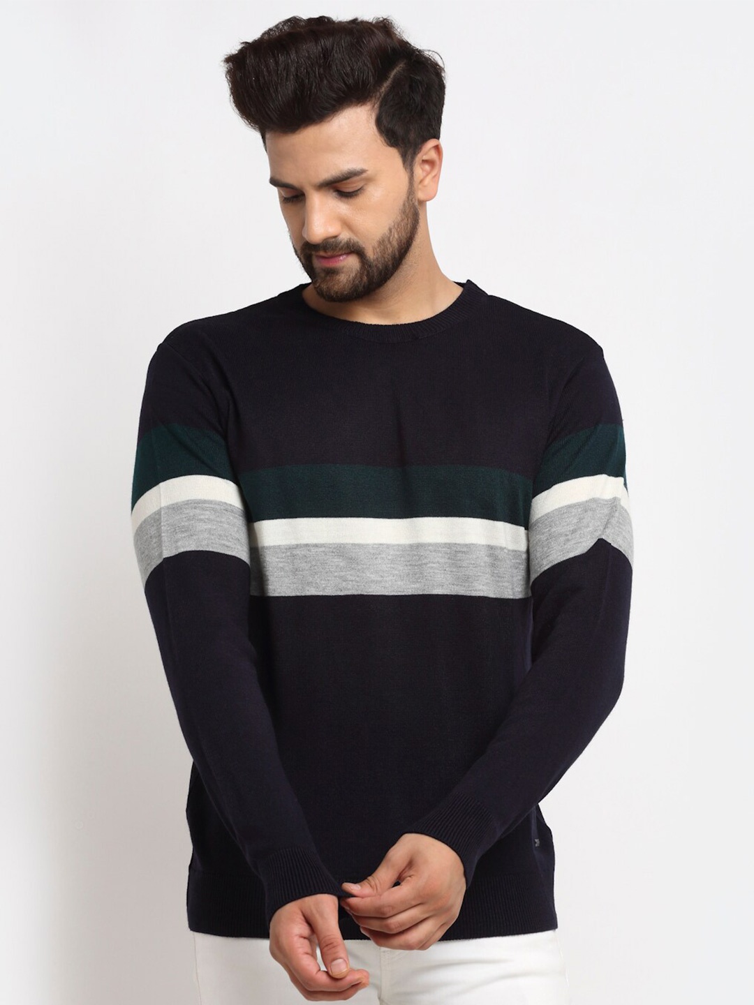 

Club York Men Black & Grey Striped Pullover