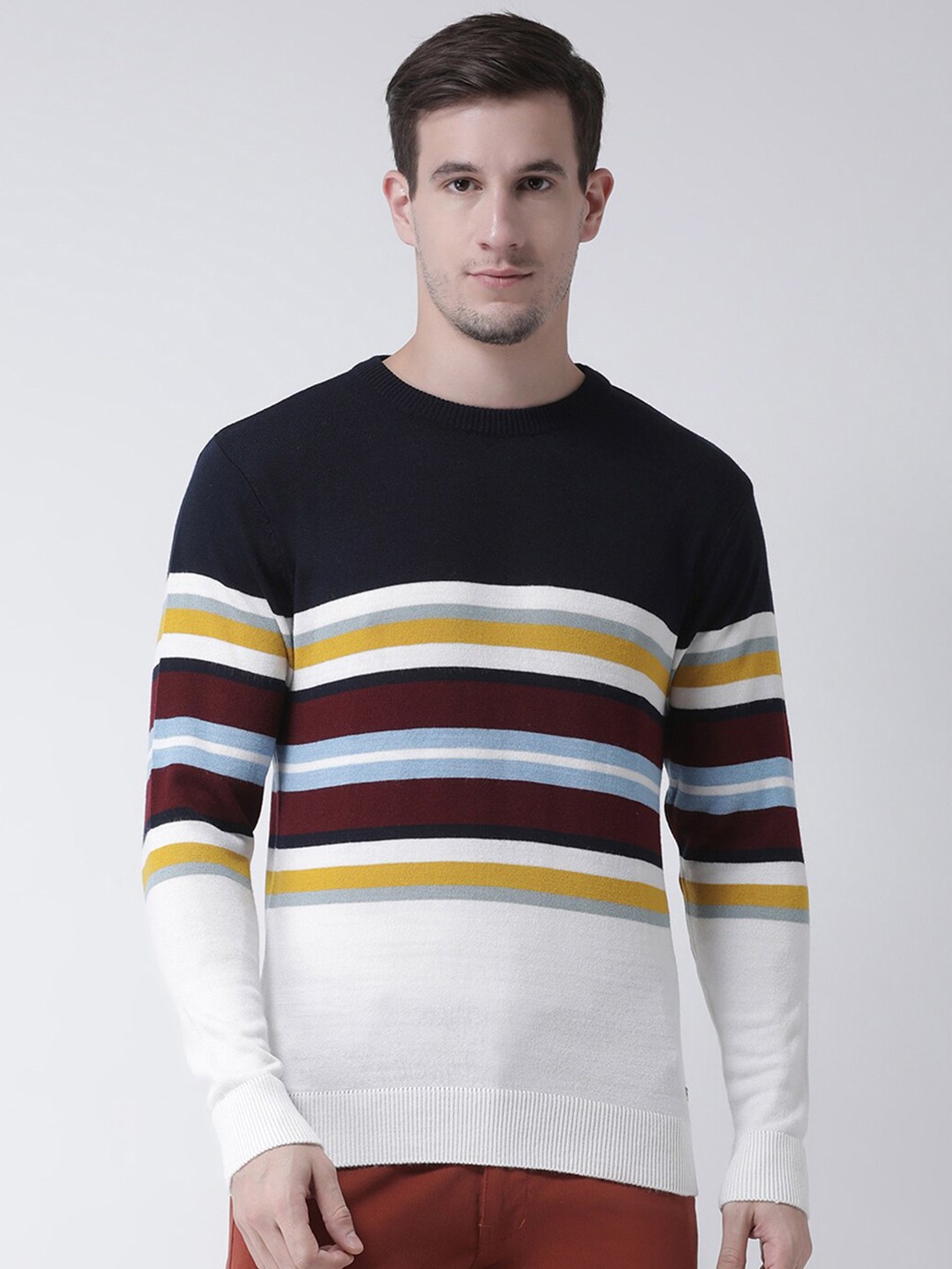 

Club York Men Navy Blue & White Striped Pullover