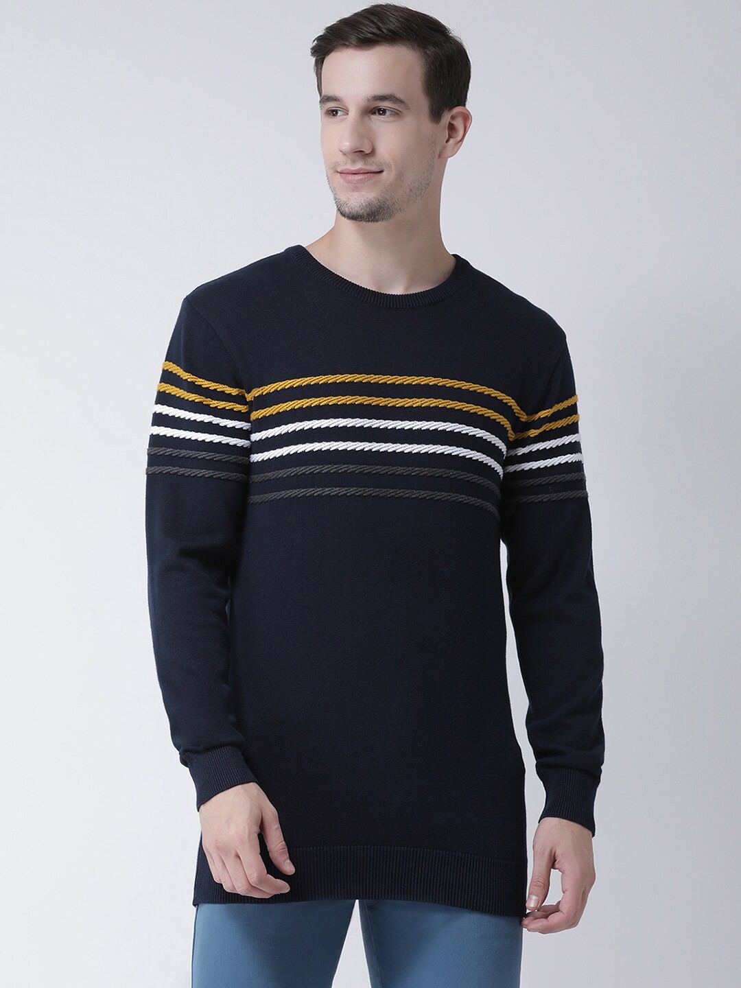 

Club York Men Navy Blue & Yellow Striped Pullover