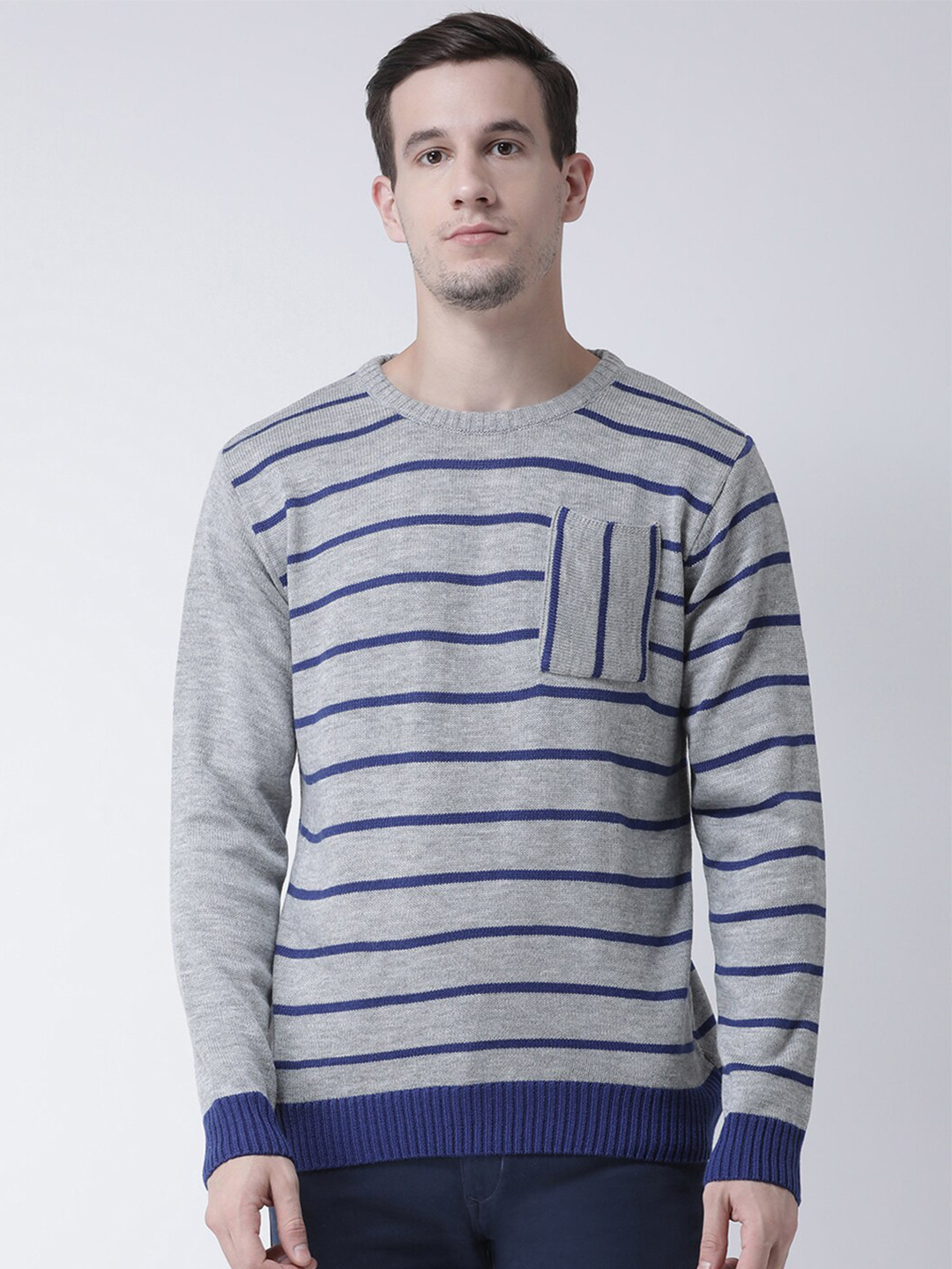 

Club York Men Grey & Blue Striped Pullover