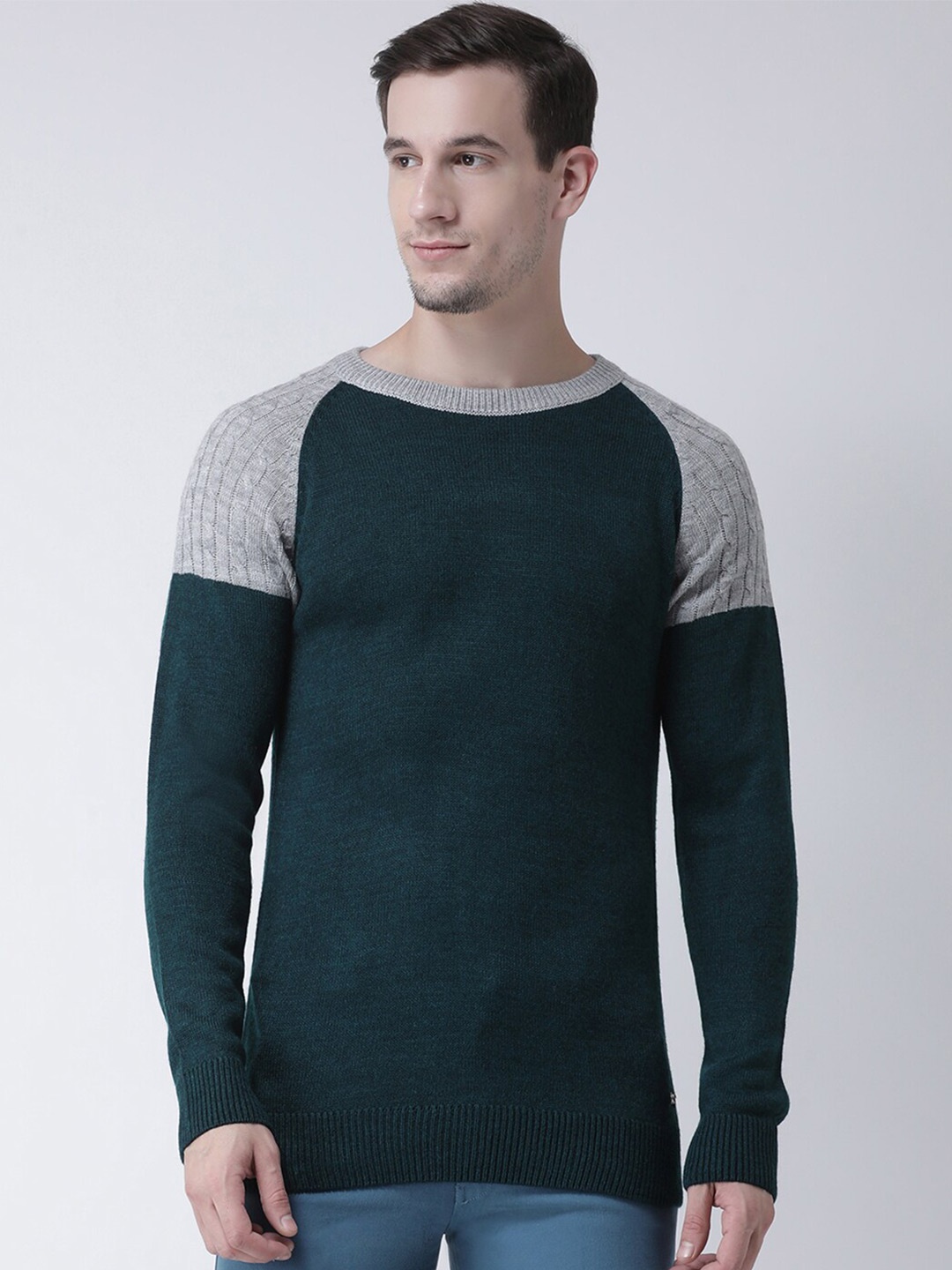 

Club York Men Teal & Grey Colourblocked Pullover