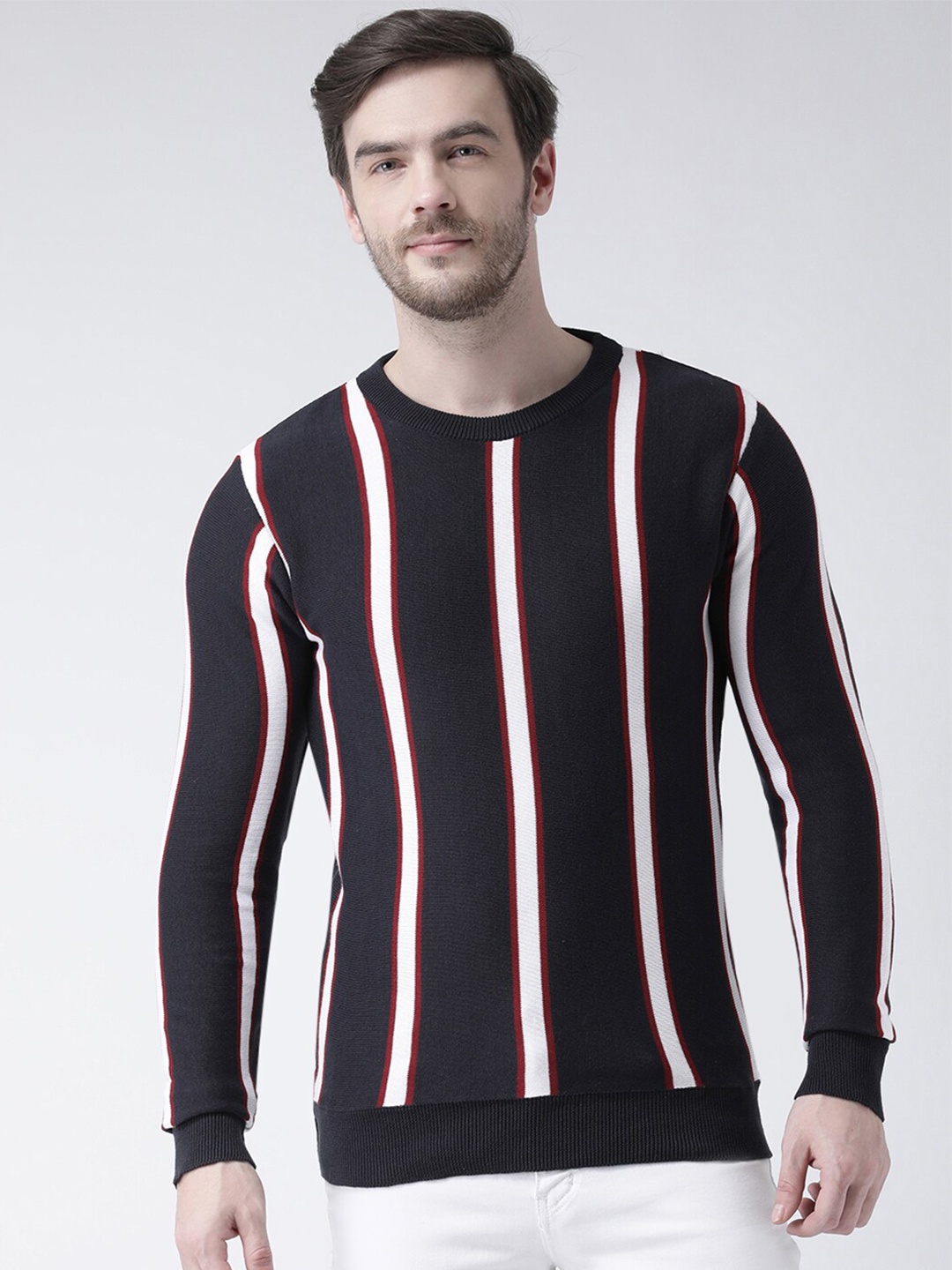 

Club York Men Navy Blue & White Striped Pullover