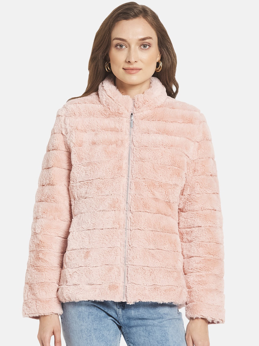 

METTLE Women Pink Regular Padded Faux Fur Trim Jacket
