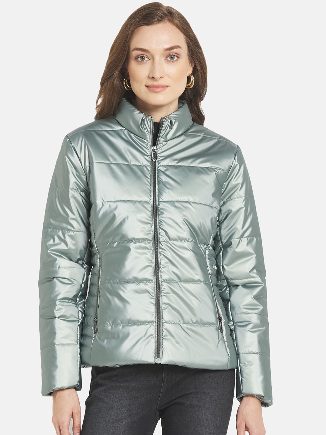 

METTLE Women Sea Green Solid Padded Jacket