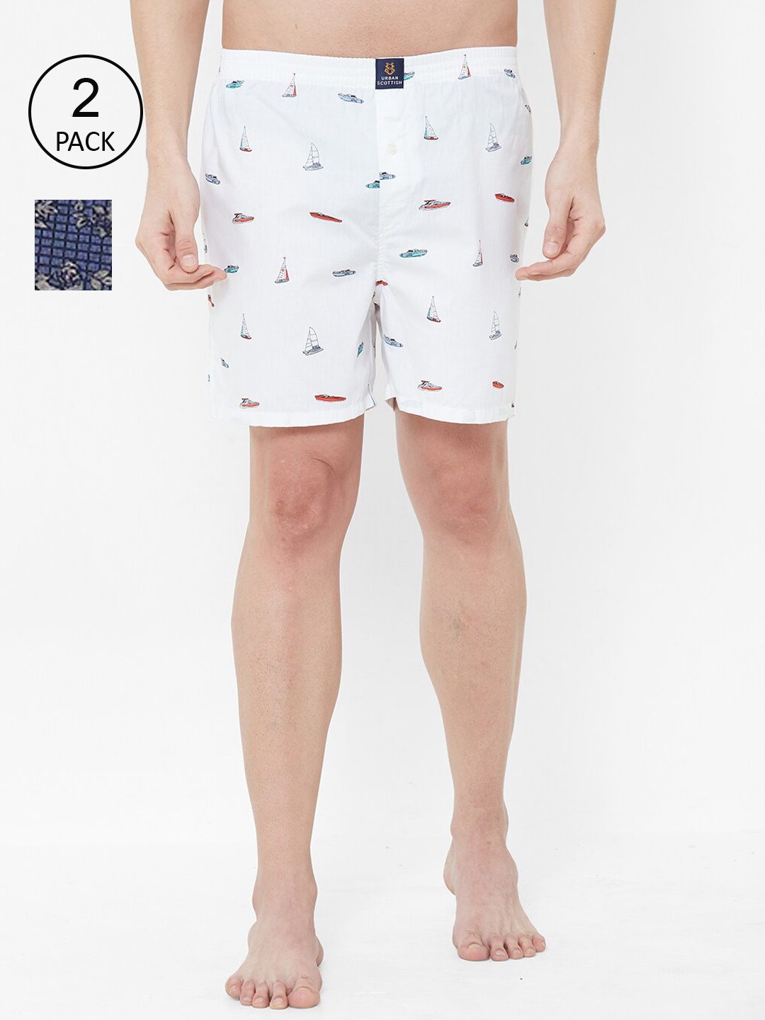 

URBAN SCOTTISH Men Pack of 2 Blue And White Printed Pure Cotton Boxers