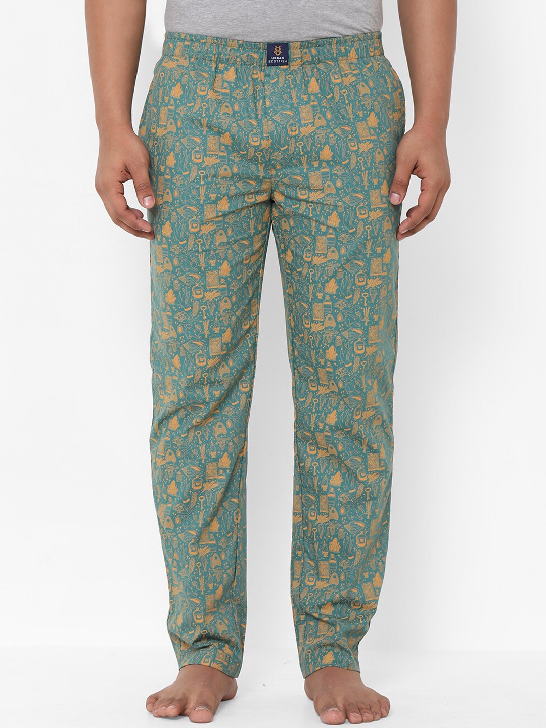 

URBAN SCOTTISH Men Green & Yellow Printed Cotton Lounge Pants