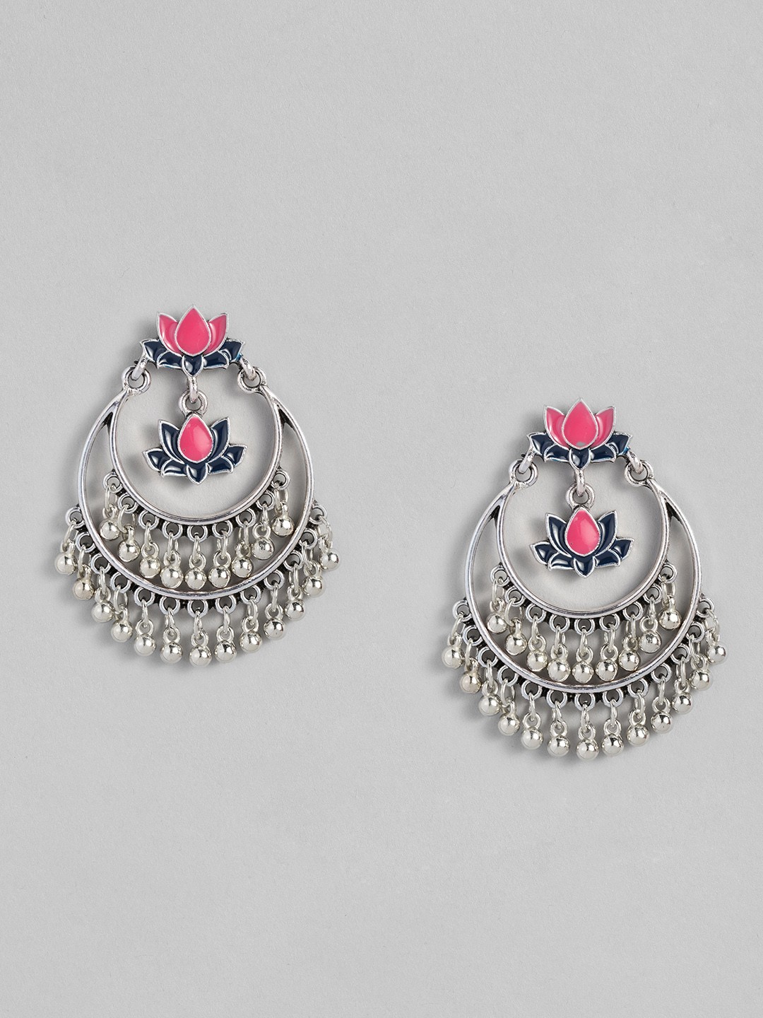 

Sangria Silver-Toned Pink & Navy Blue Lotus Design Enamelled Chandbalis