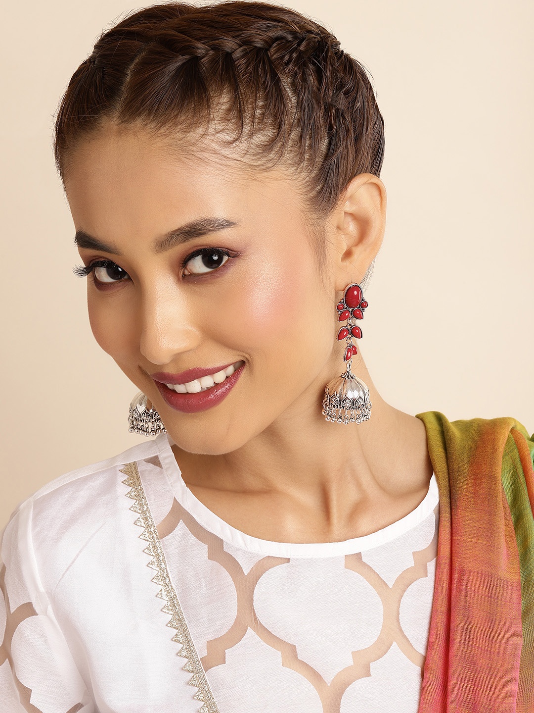 

Sangria Silver-Toned & Brown Dome Shaped Jhumkas