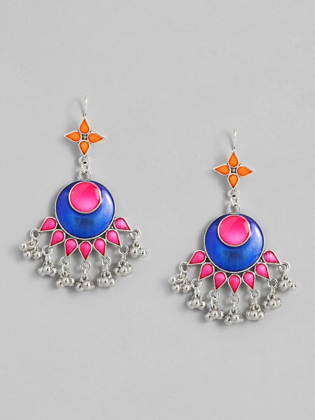 

Sangria Silver-Toned Pink & Blue Geometric Enamelled Drop Earrings