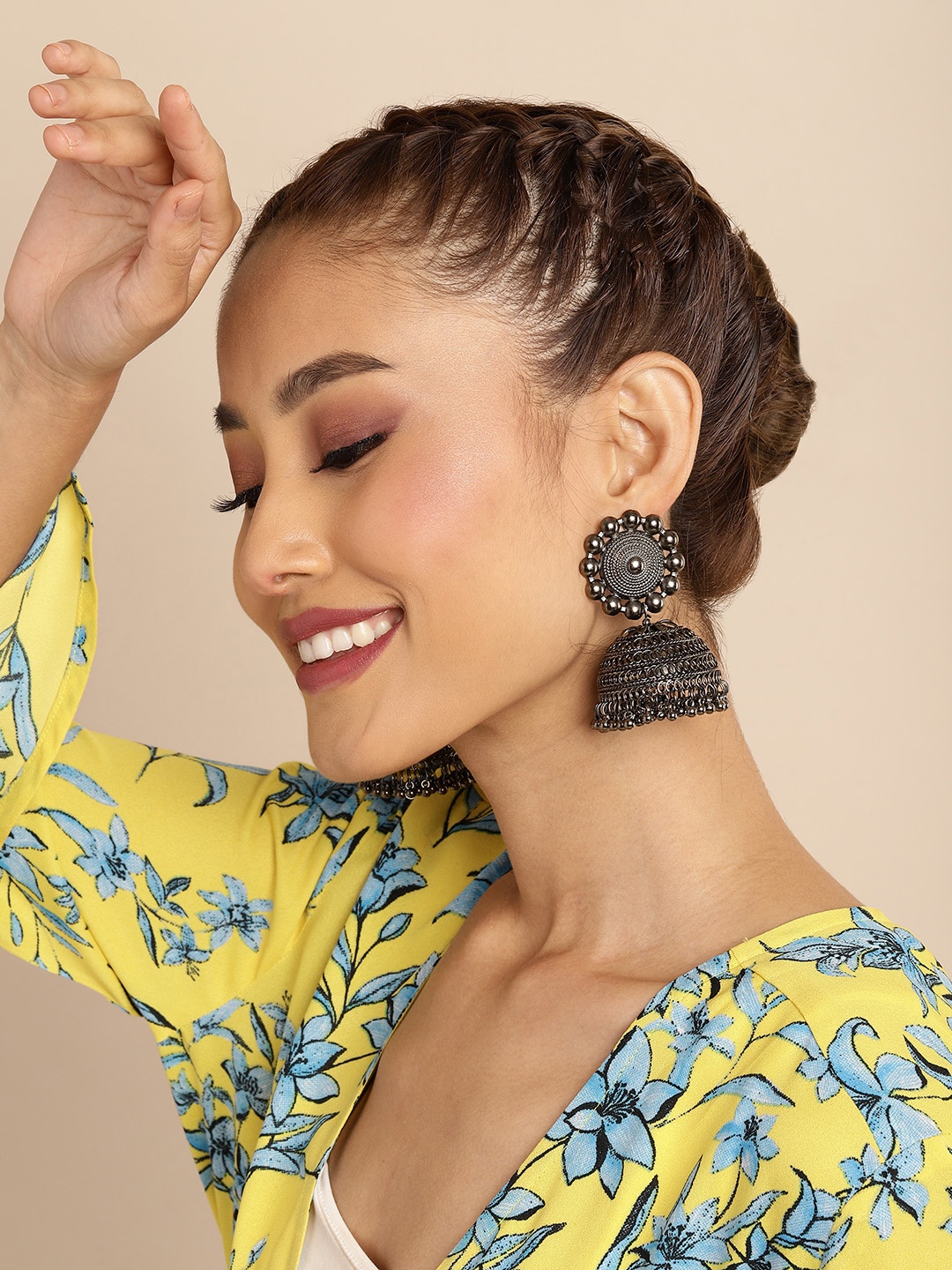 

Sangria Oxidised Silver-Toned Dome Shaped Jhumkas