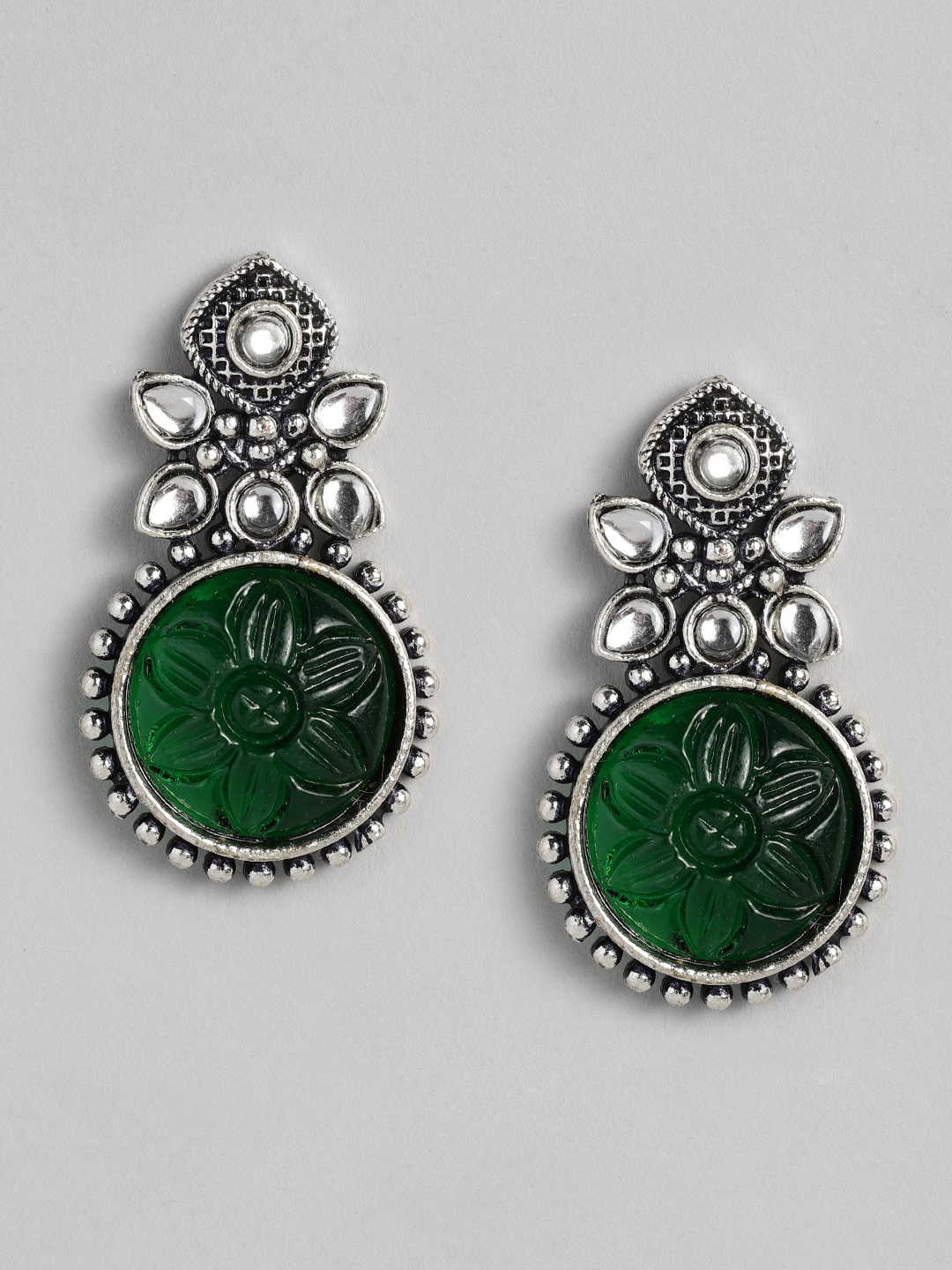 

Sangria Women Oxidised Geometric Drop Earrings, Green