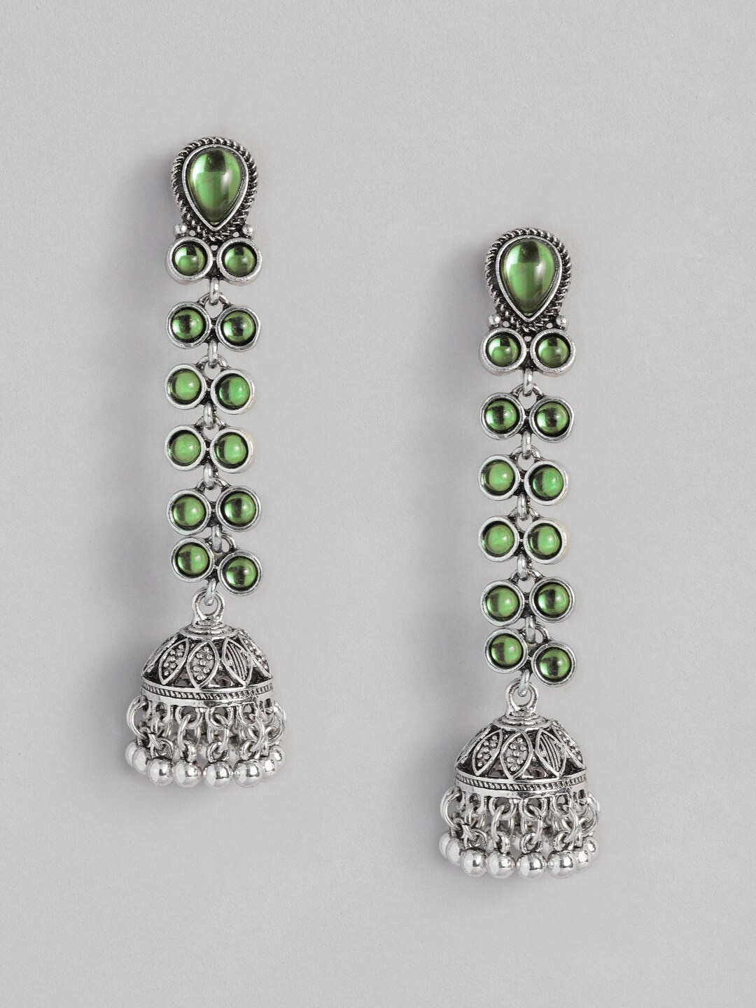

Sangria Stone Studded Dome Shaped Jhumkas, Silver