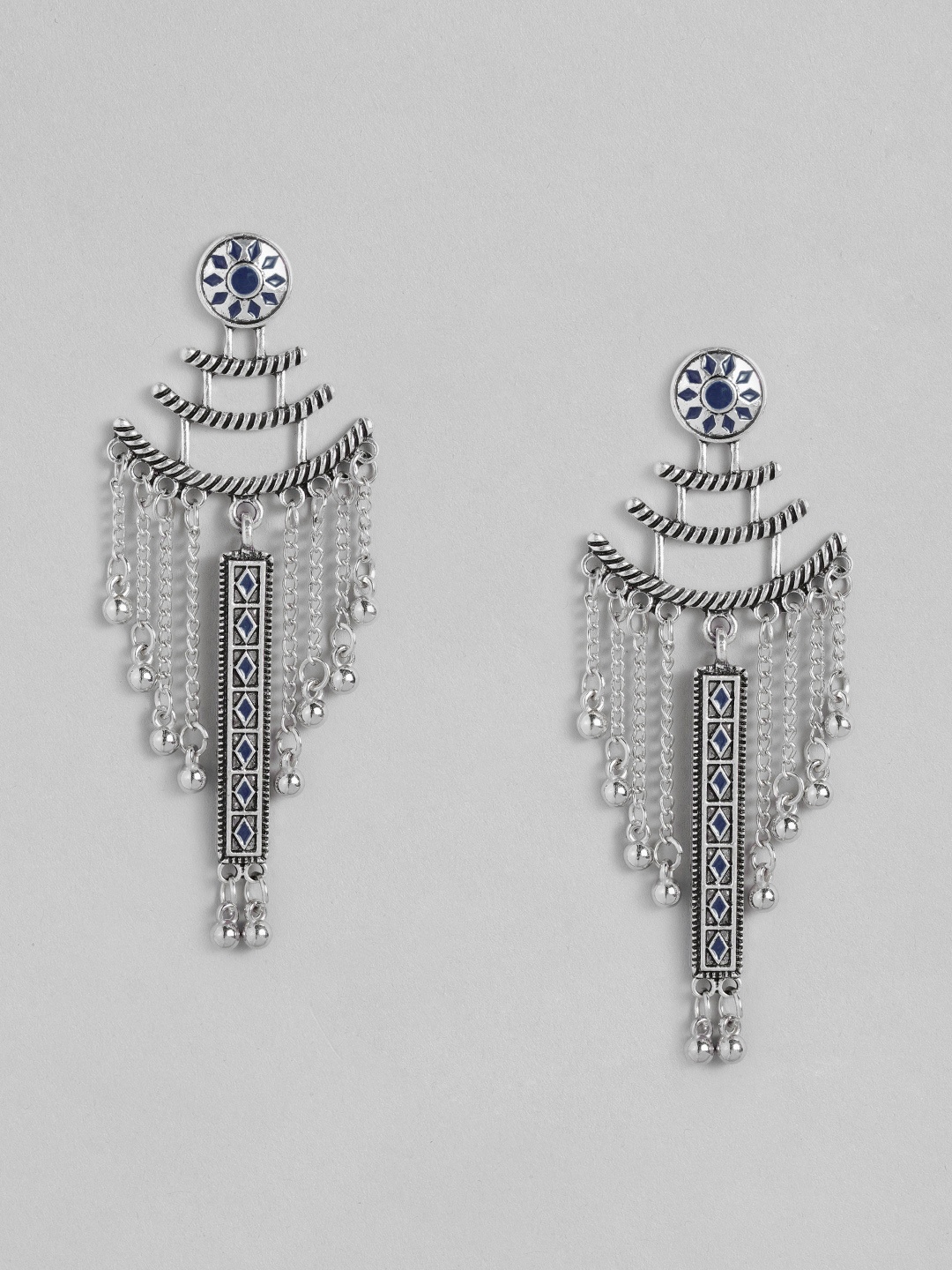

Sangria Oxidised Silver-Toned & Navy Blue Enamelled Geometric Shape Drop Earrings