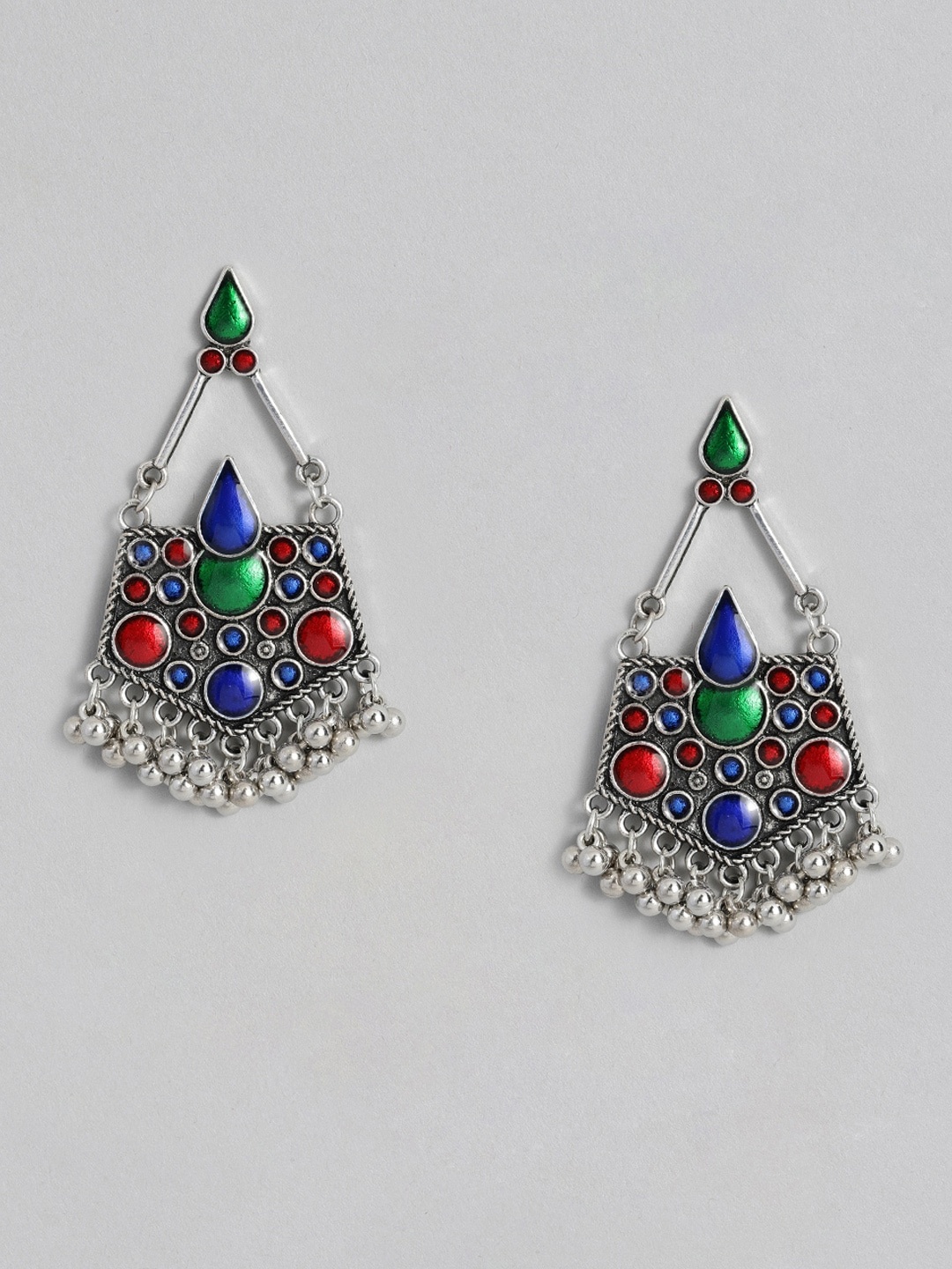 

Sangria Silver-Toned & Red Geometric Enamelled Drop Earrings