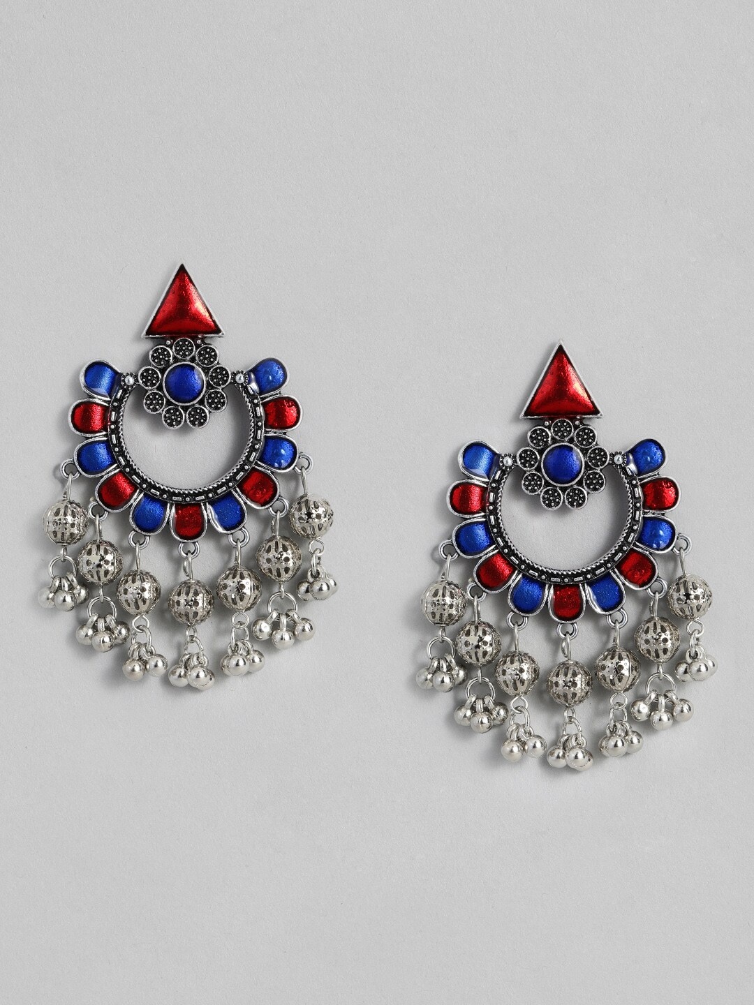 

Sangria Silver-Toned & Red Geometric Enamelled Drop Earrings