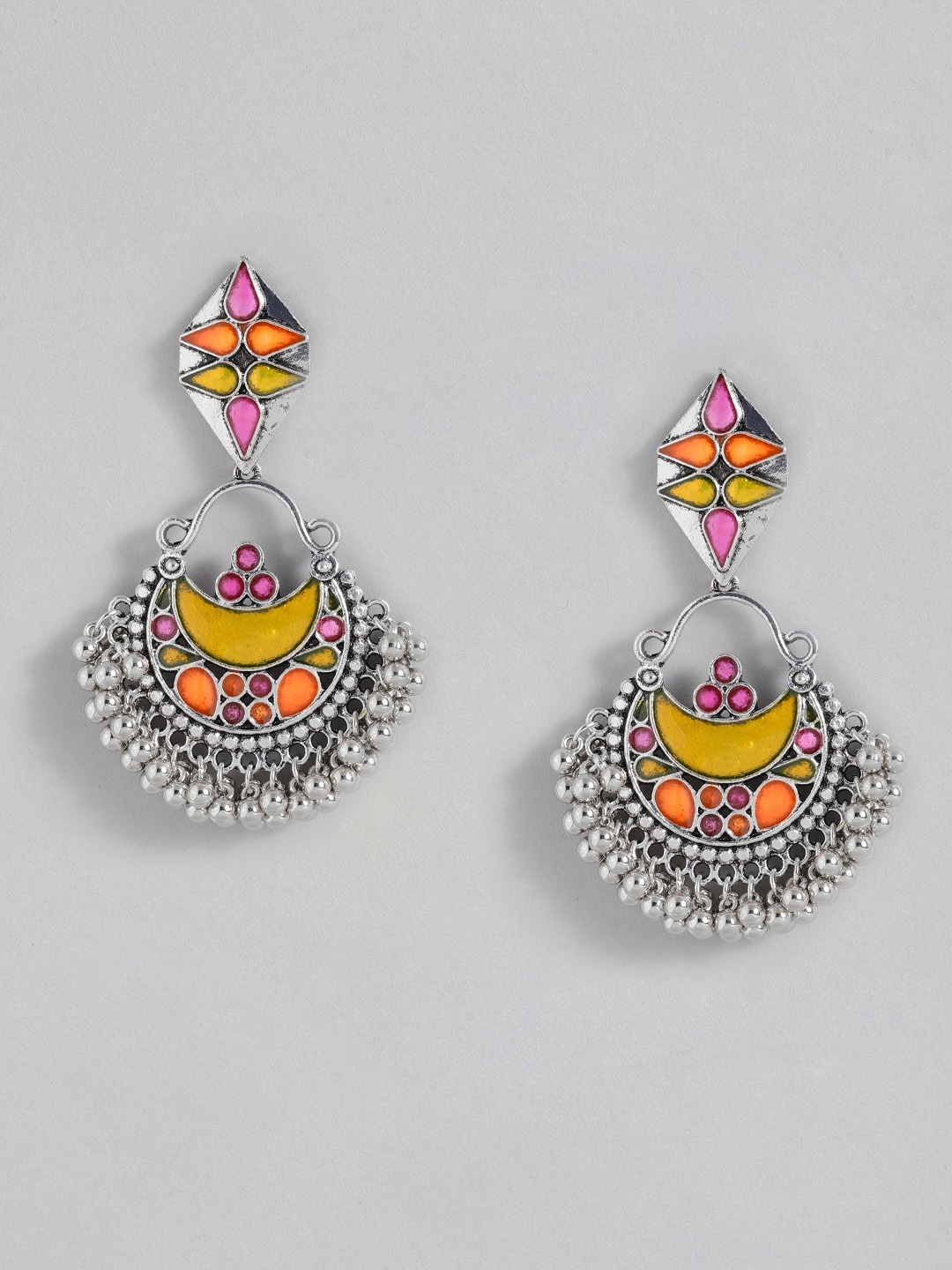 

Sangria Silver-Toned & Yellow Crescent Shaped Enamelled Chandbalis