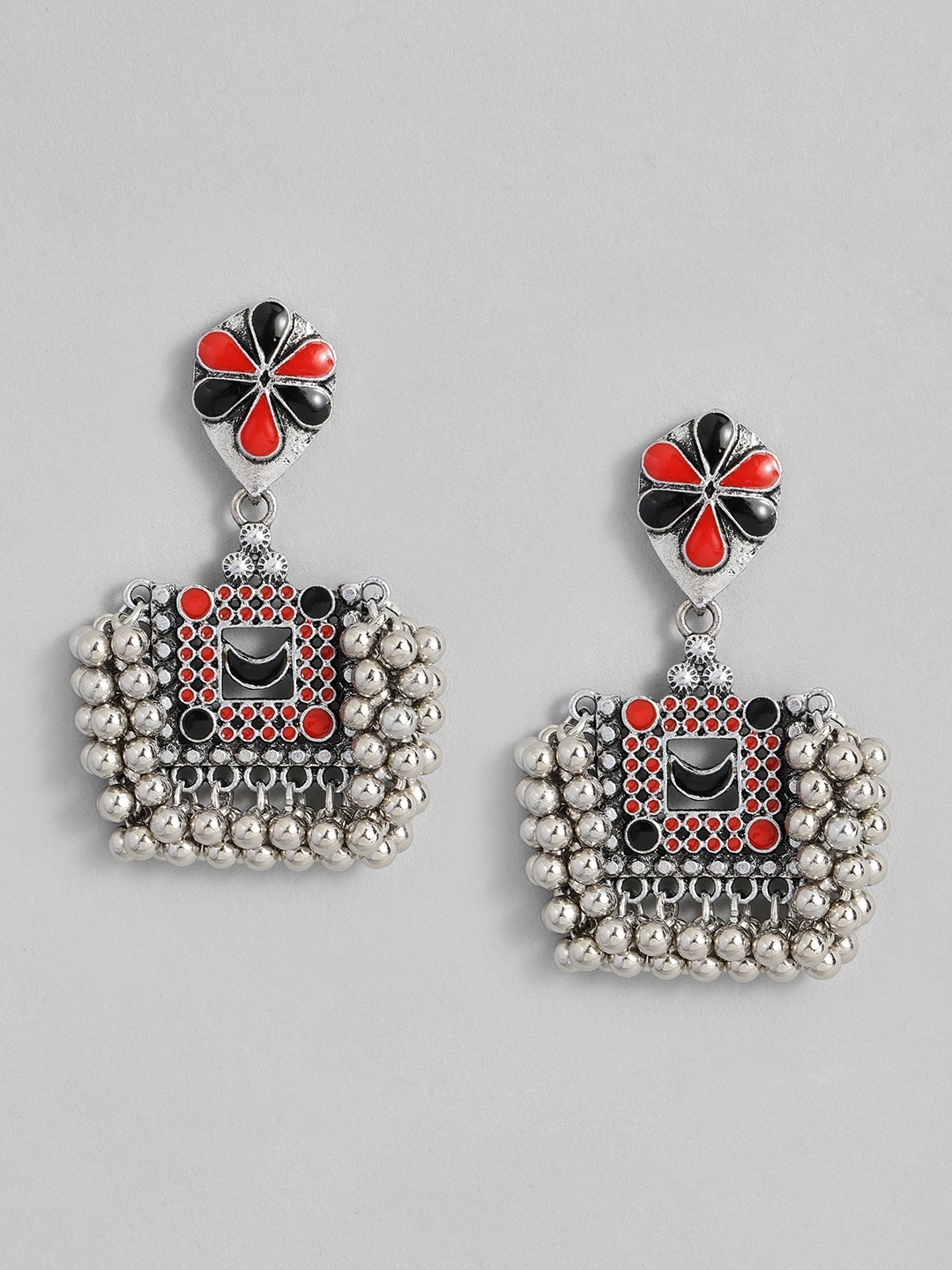 

Sangria Silver-Toned Black & Red Enamelled Geometric Drop Earrings