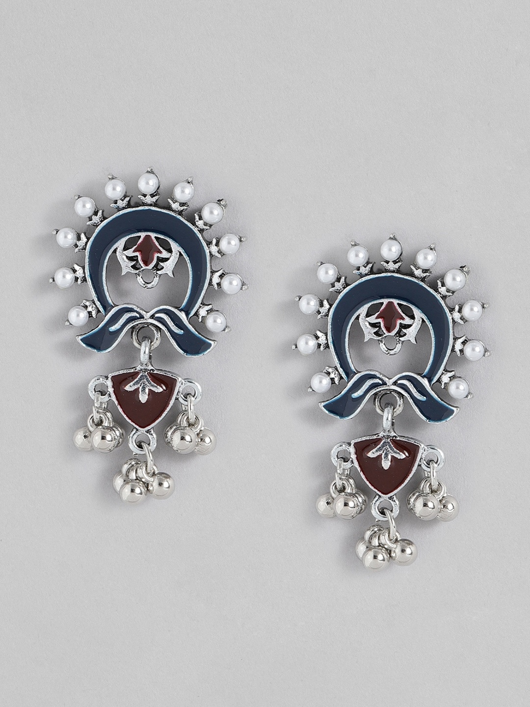 

Sangria Silver-Toned Blue & Maroon Contemporary Enamelled Drop Earrings