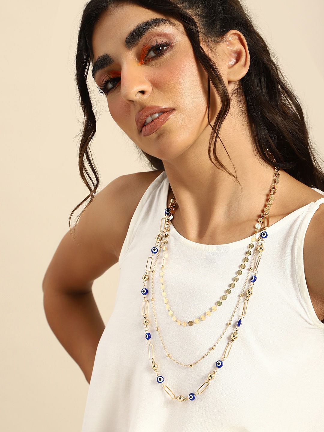 

Sangria Gold-Toned & Navy Blue Evil Eye Design Triple Layered Necklace