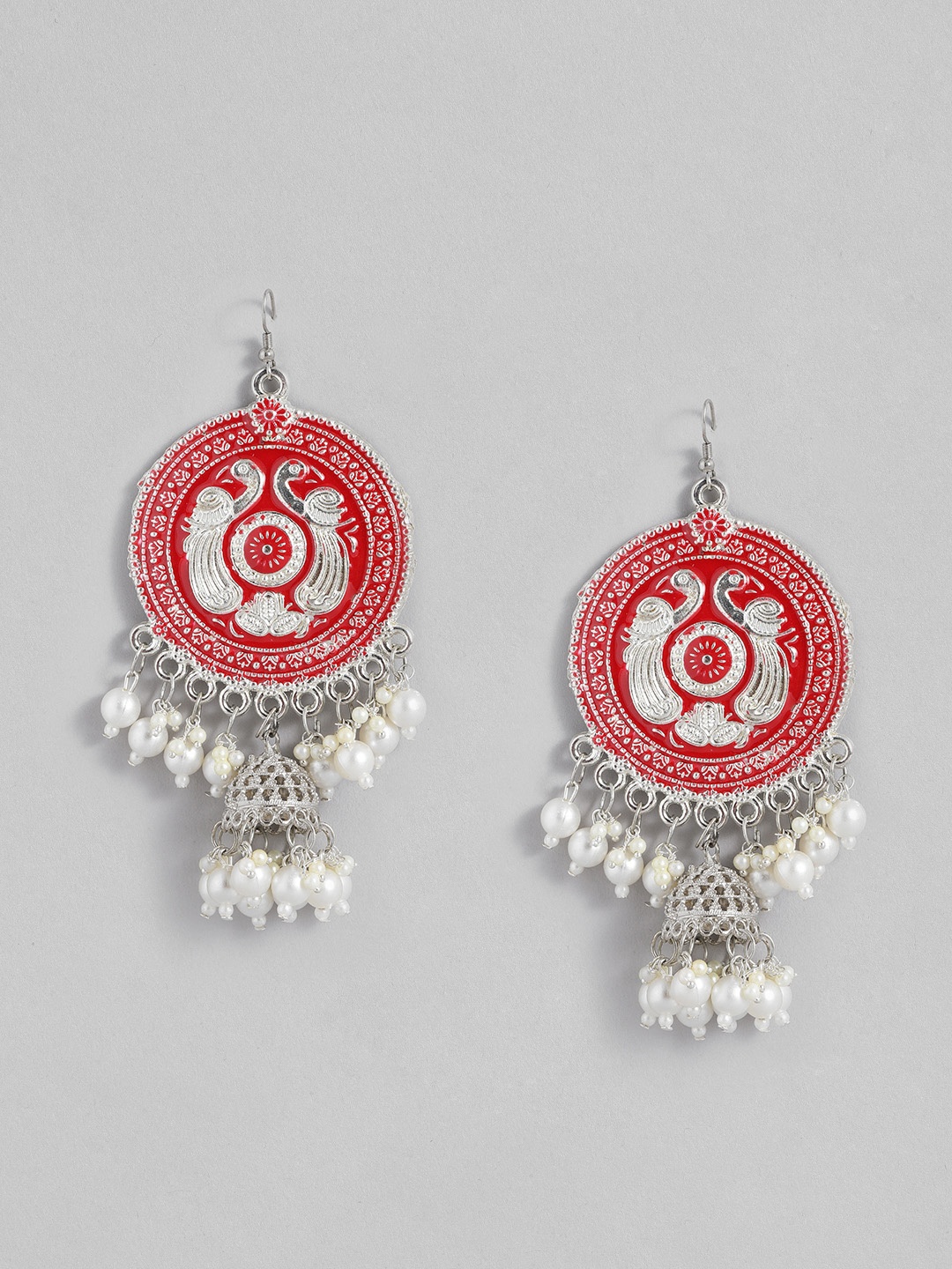 

Sangria Silver-Toned & Red Circular Design Enamelled Beaded Jhumkas