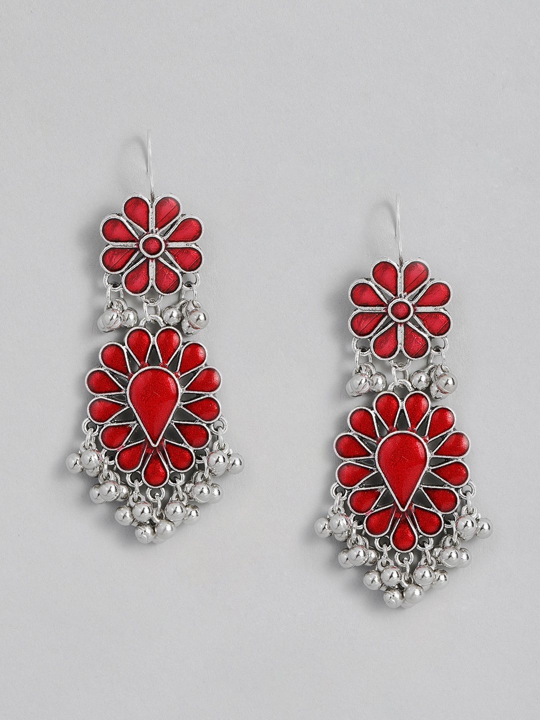 

Sangria Silver-Toned Red Teardrop Shaped Enamelled Drop Earrings