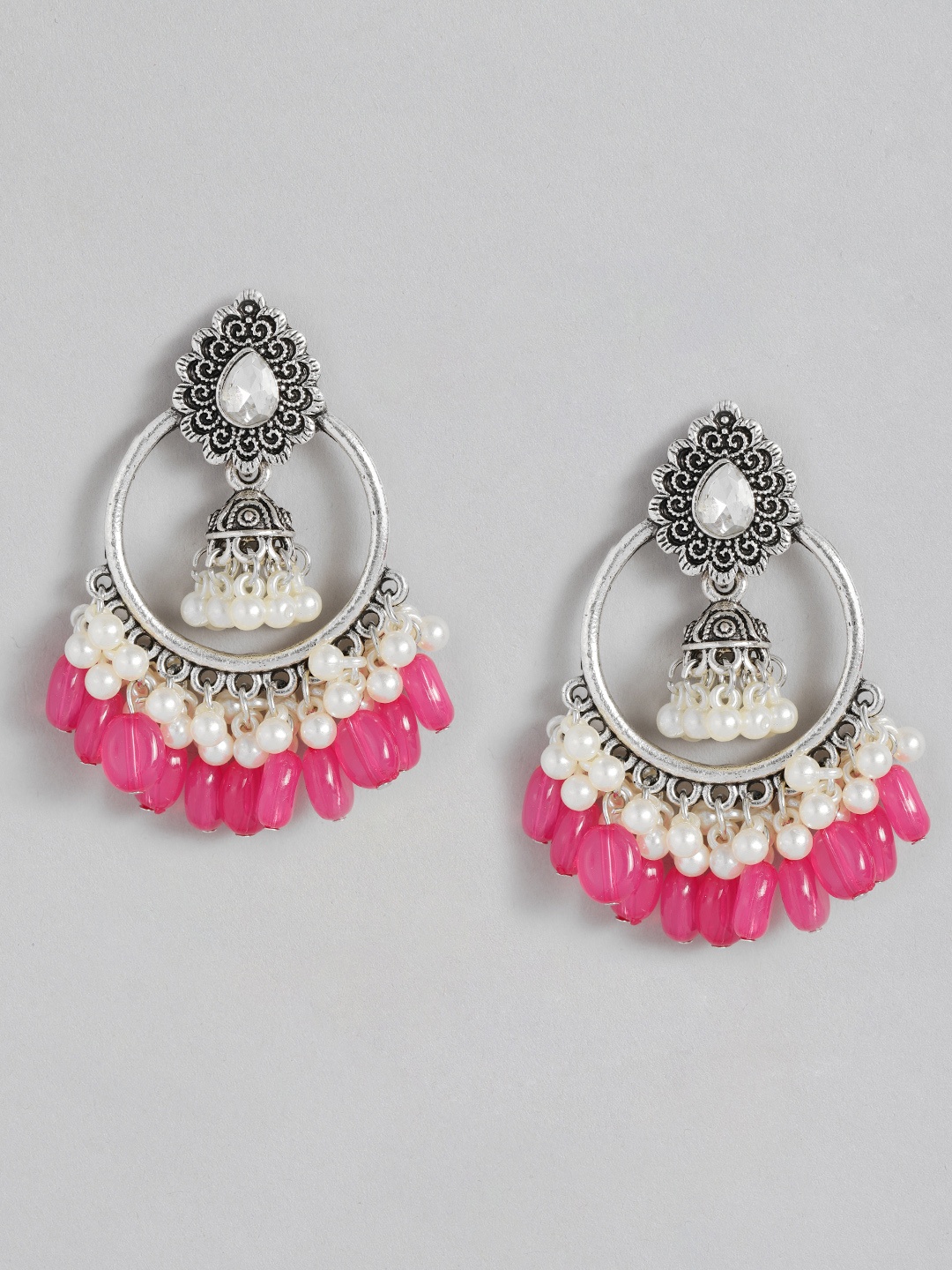 

Sangria Silver-Toned Pink & White Crescent Shaped Chandbalis