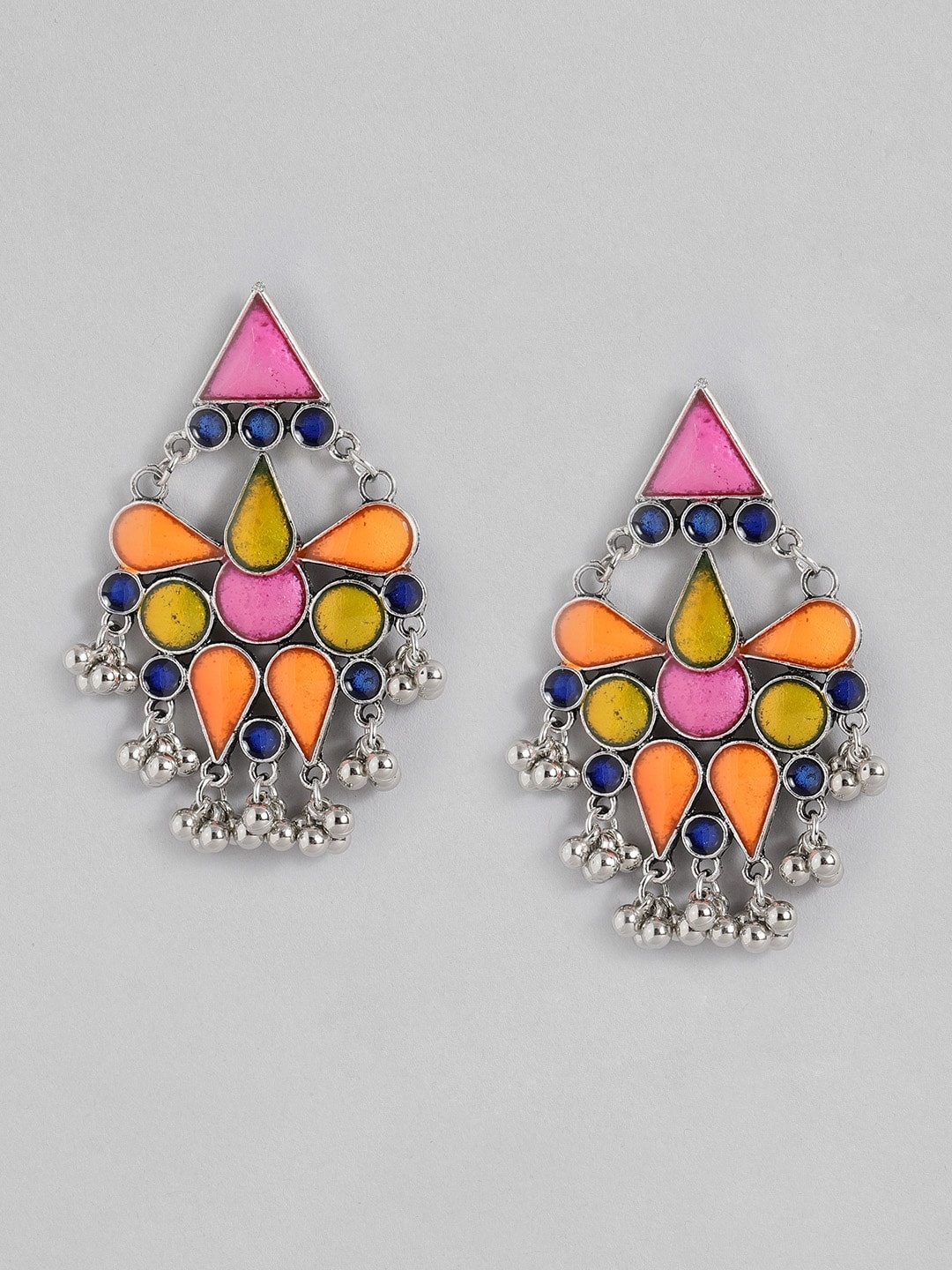 

Sangria Silver-Toned & Pink Geometric Enamelled Drop Earrings