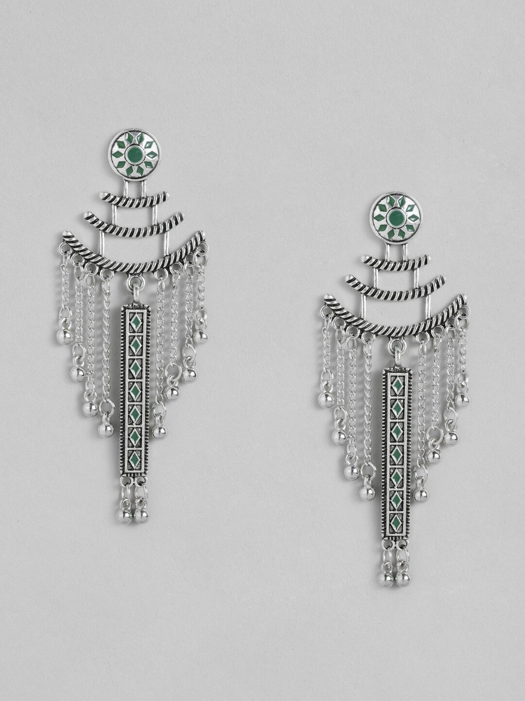 

Sangria Oxidised Silver-Toned & Green Enamelled Geometric Shape Drop Earrings