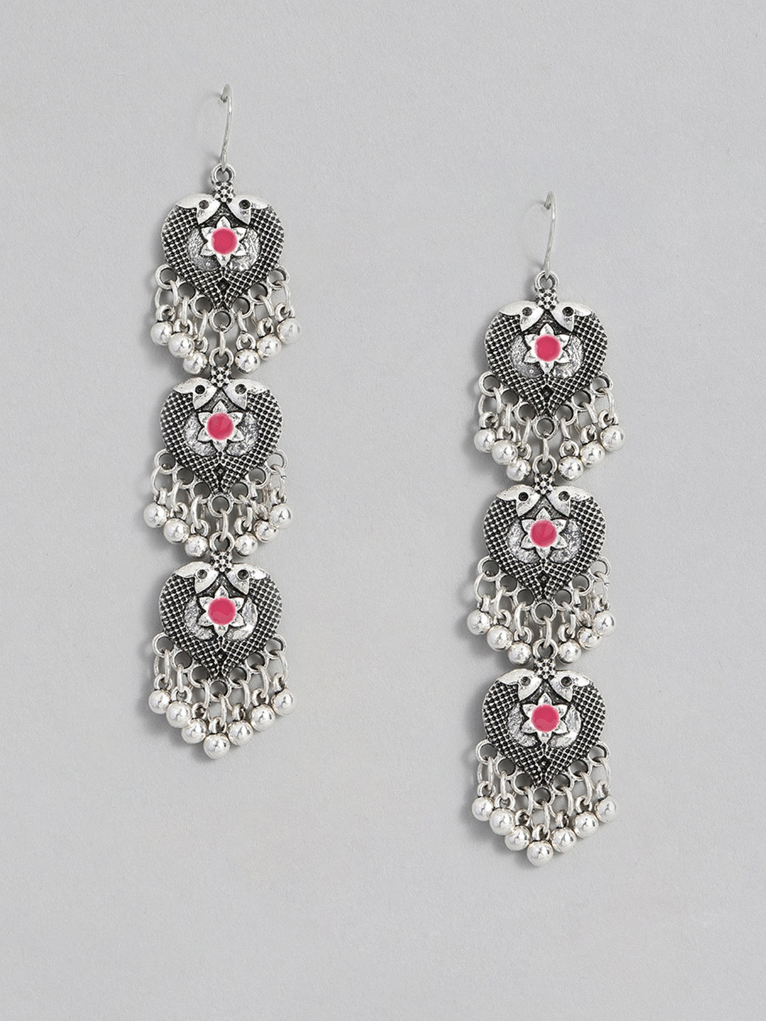 

Sangria Silver-Toned & Pink Heart Shaped Enamelled Drop Earrings
