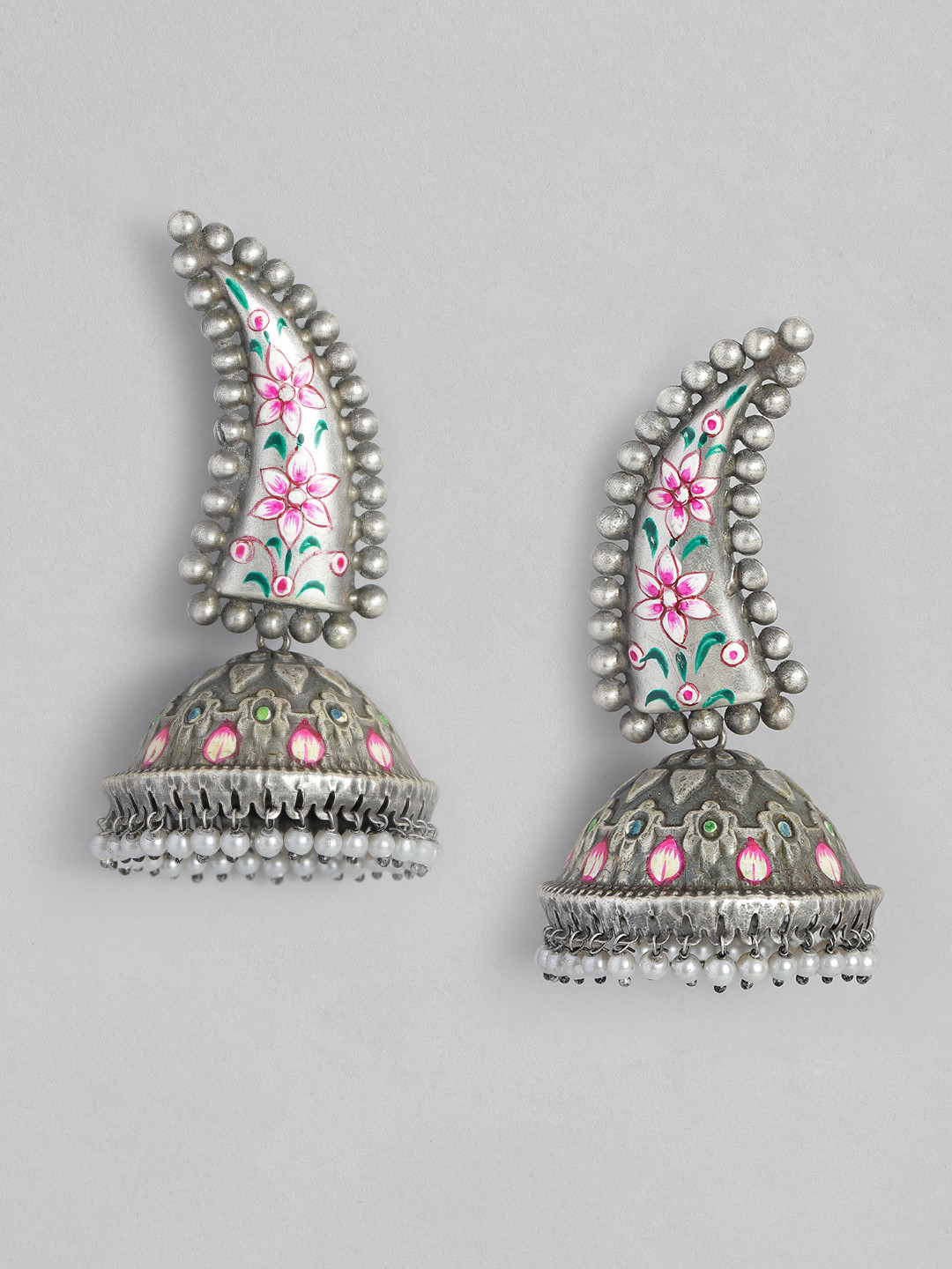 

Sangria Oxidised Paint Work Dome Shaped Jhumkas, Silver