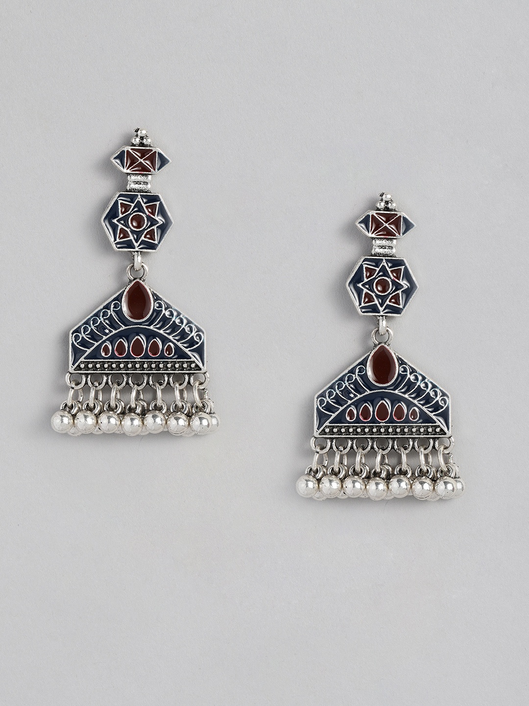 

Sangria Silver-Toned Navy Blue & Maroon Enamelled Geometric Shape Drop Earrings
