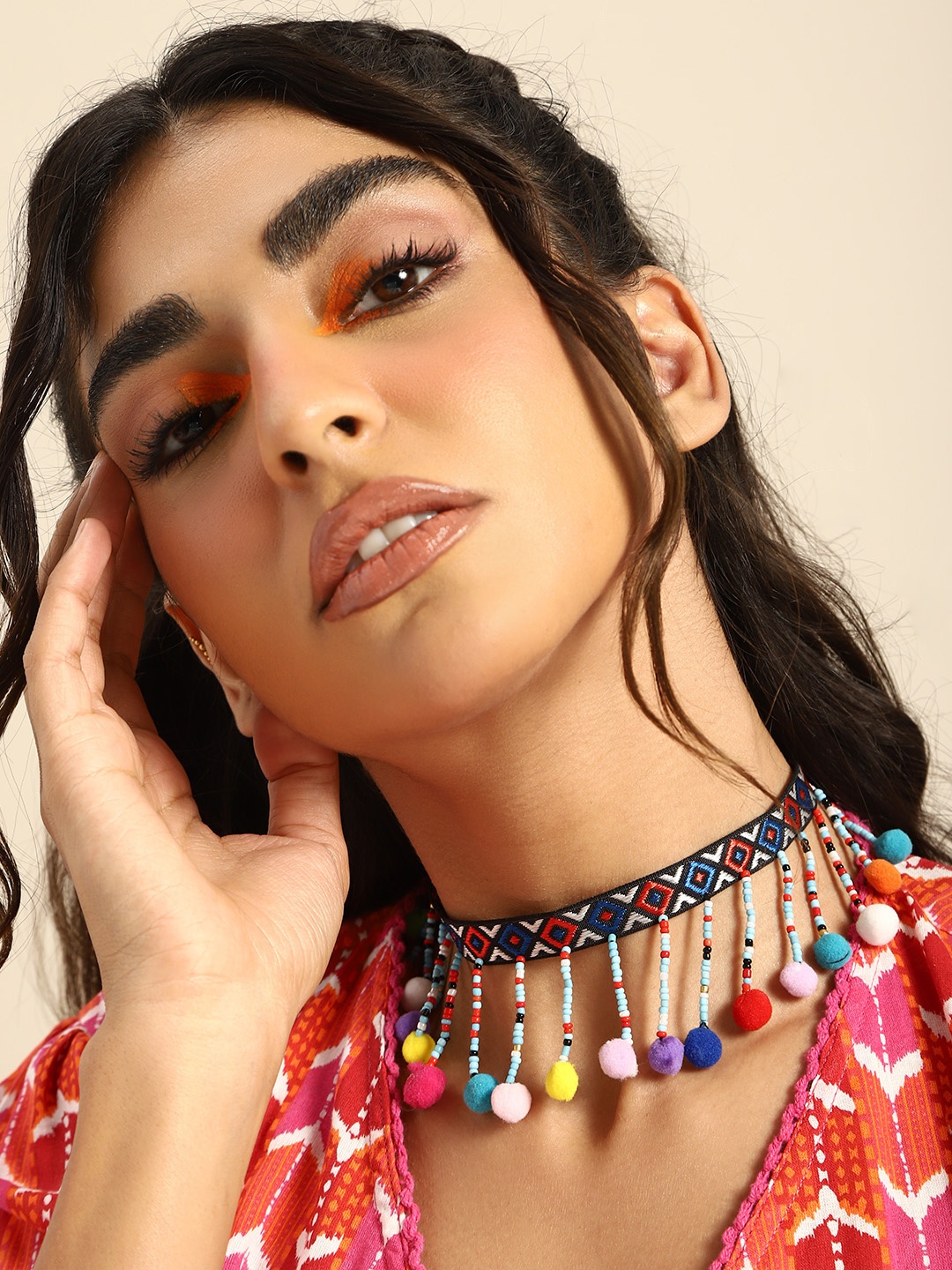 

Sangria Choker Style Beaded Pom-Pom Necklace, Multi