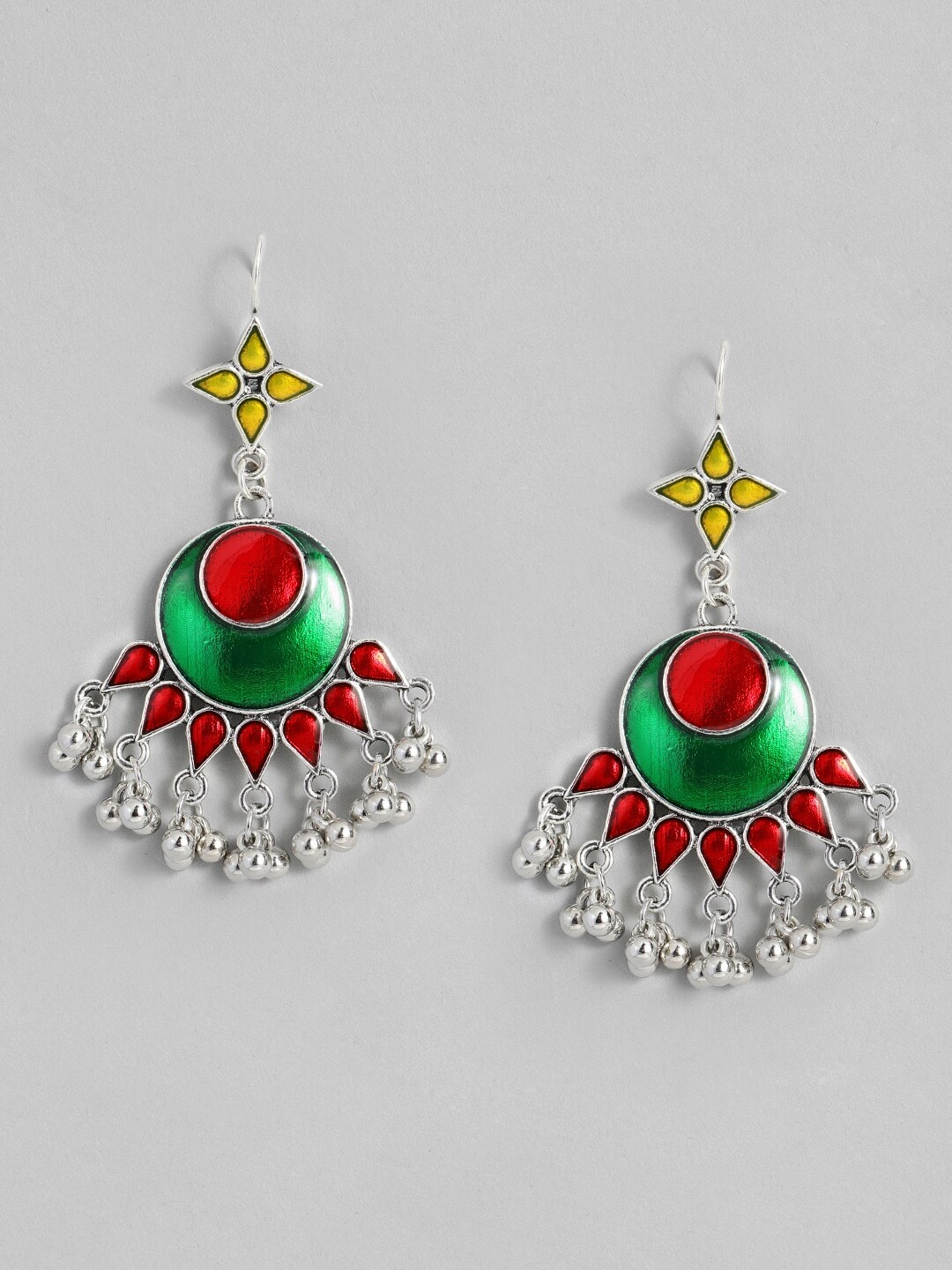 

Sangria Silver-Toned & Red Geometric Enamelled Drop Earrings